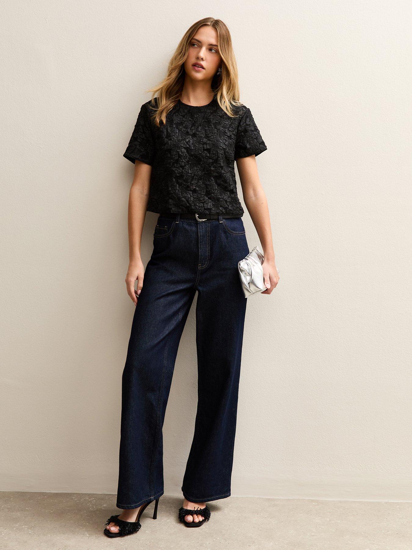 Image 3 of 5 of New Look Black Floral Jacquard Short Sleeve Top