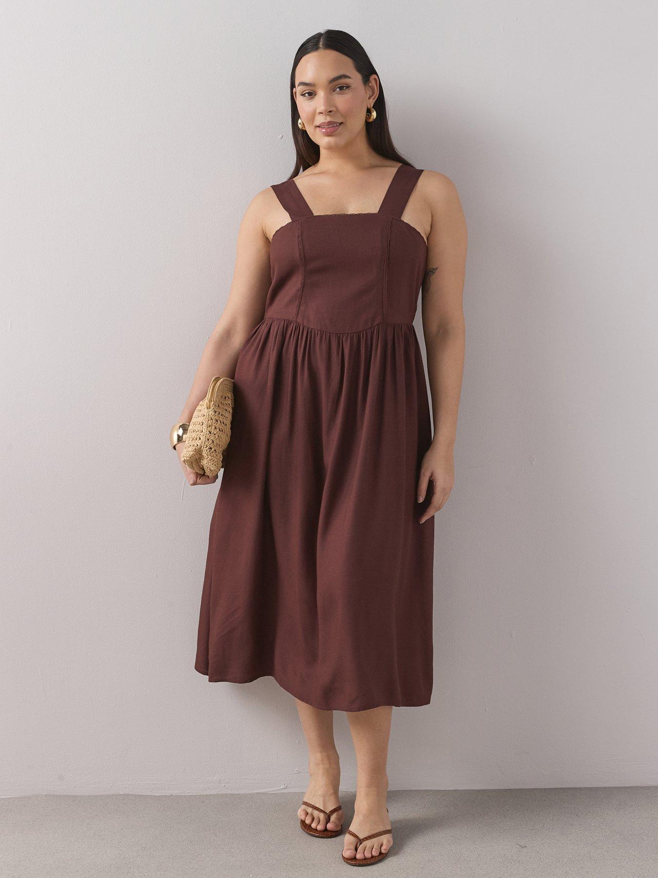 The Very Collection Curve Lace Trim Dropped Waist Linen Midi Dress