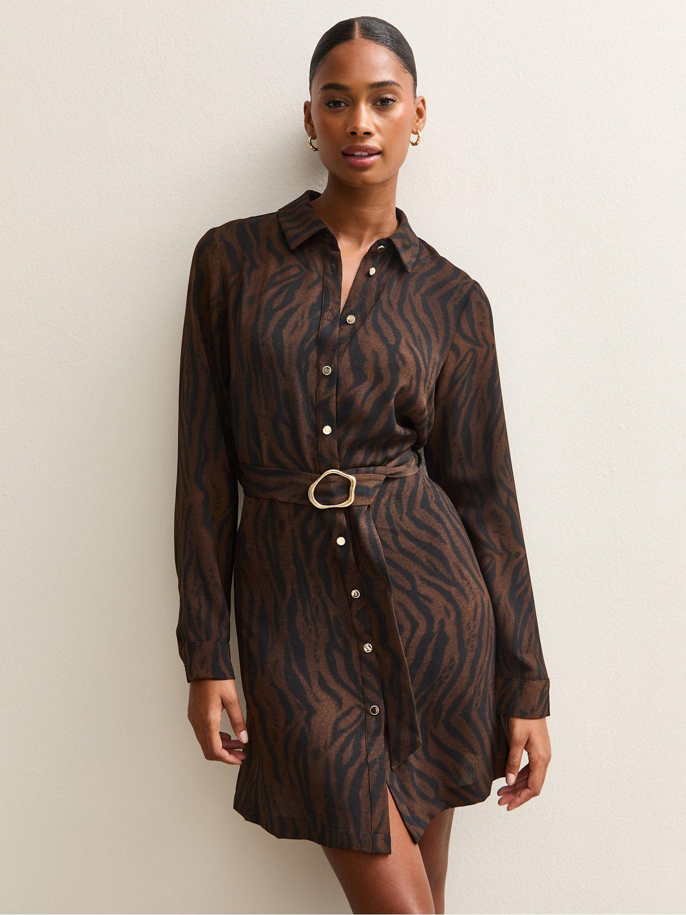 New Look Tiger Print Buckle Detail Mini Shirt Dress - Brown