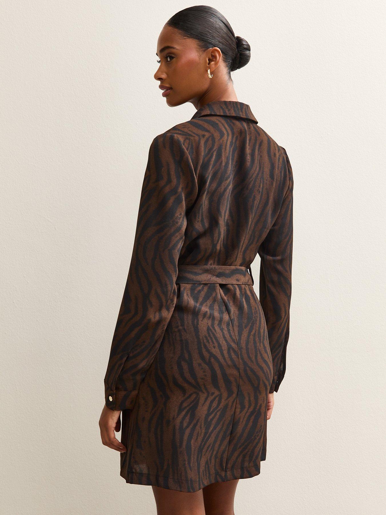 Image 2 of 5 of New Look Brown Tiger Print Buckle Detail Mini Shirt Dress