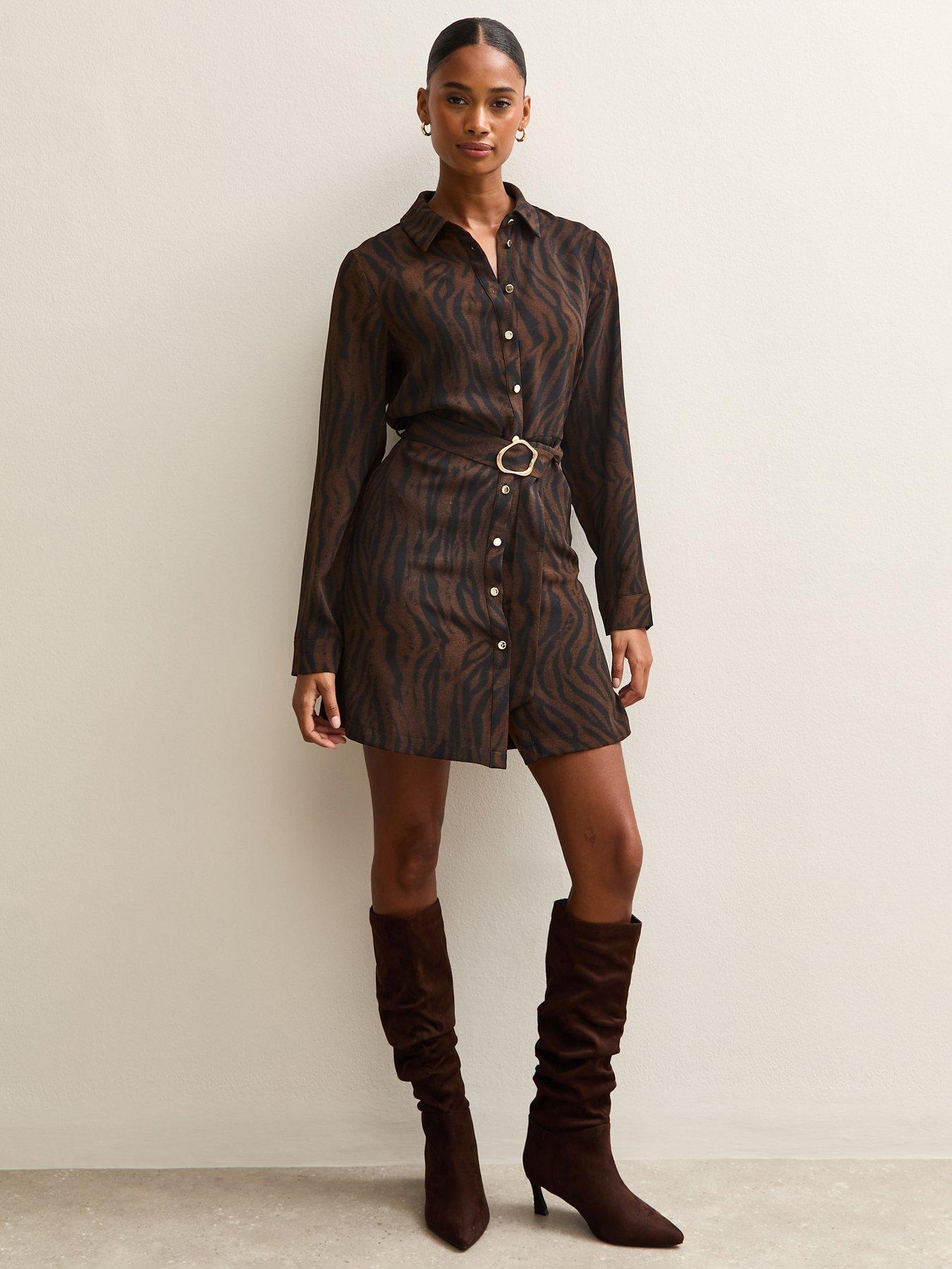  image of new-look-tiger-print-buckle-detail-mini-shirt-dress-brown
