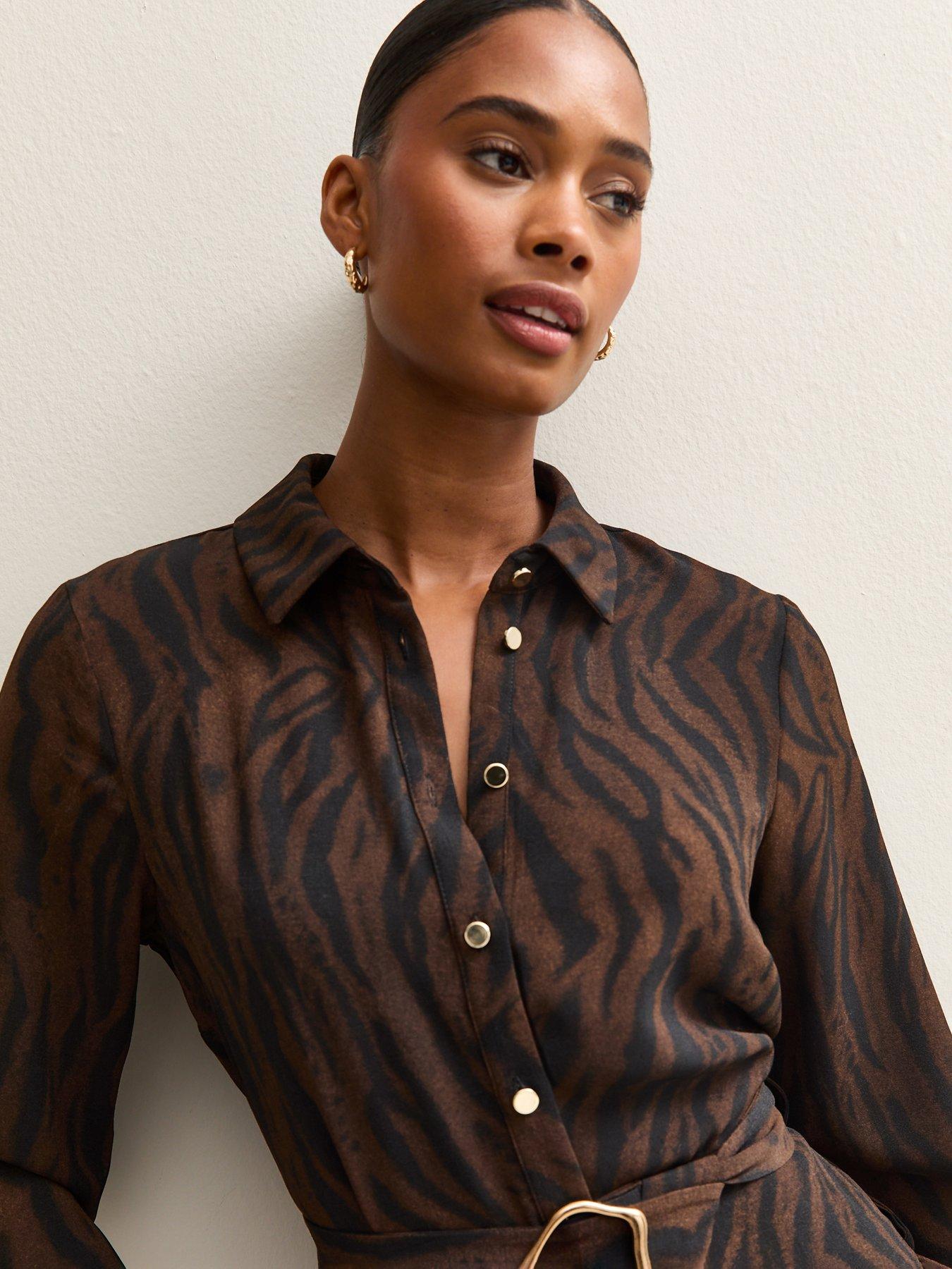 Image 4 of 5 of New Look Brown Tiger Print Buckle Detail Mini Shirt Dress