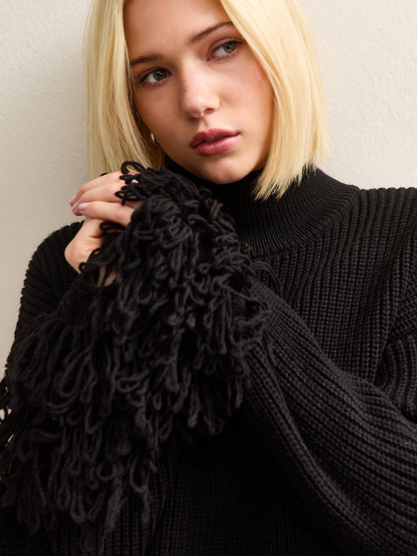  image of new-look-looped-fringe-high-neck-jumper-black