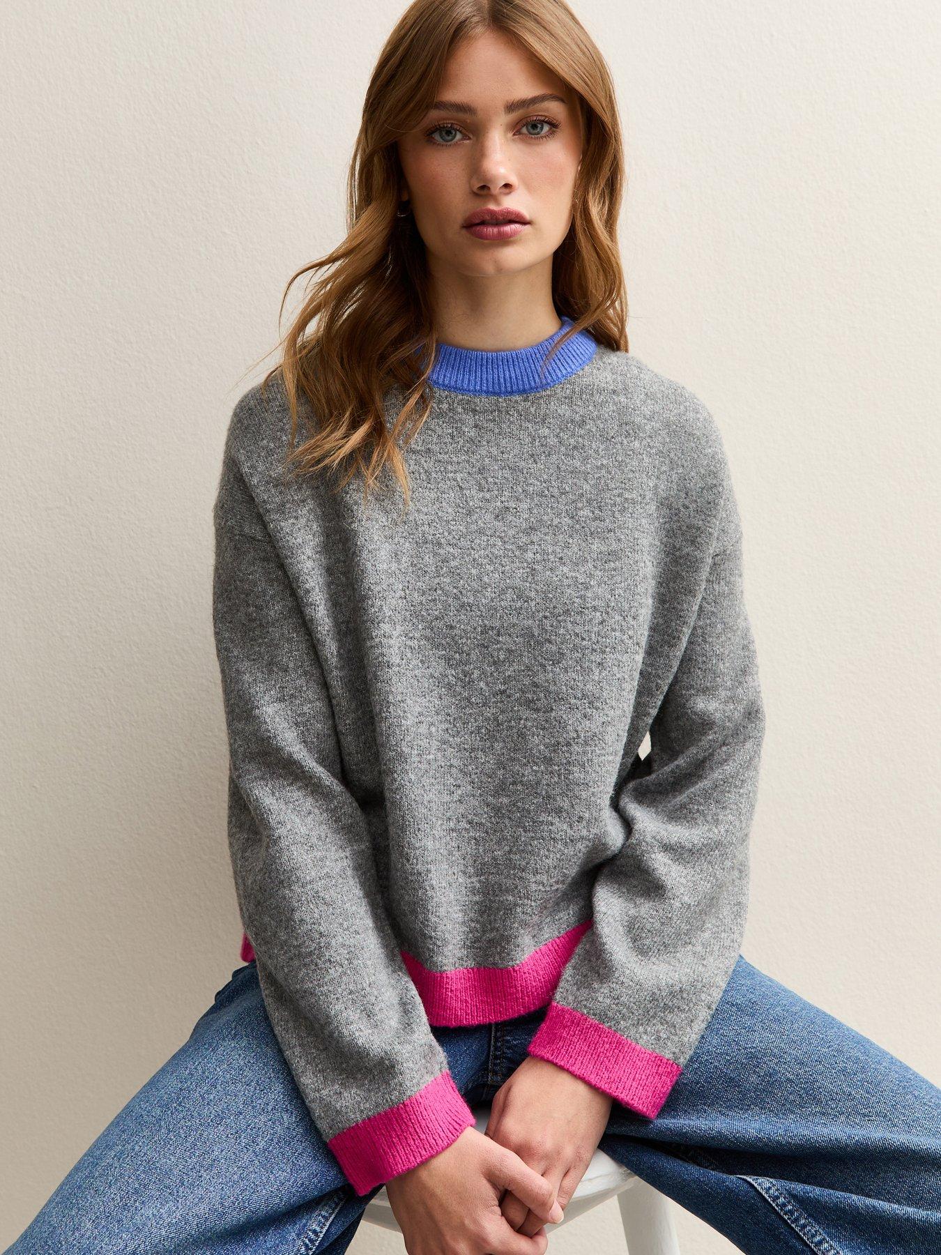  image of new-look-contrast-rib-crew-neck-jumper-grey
