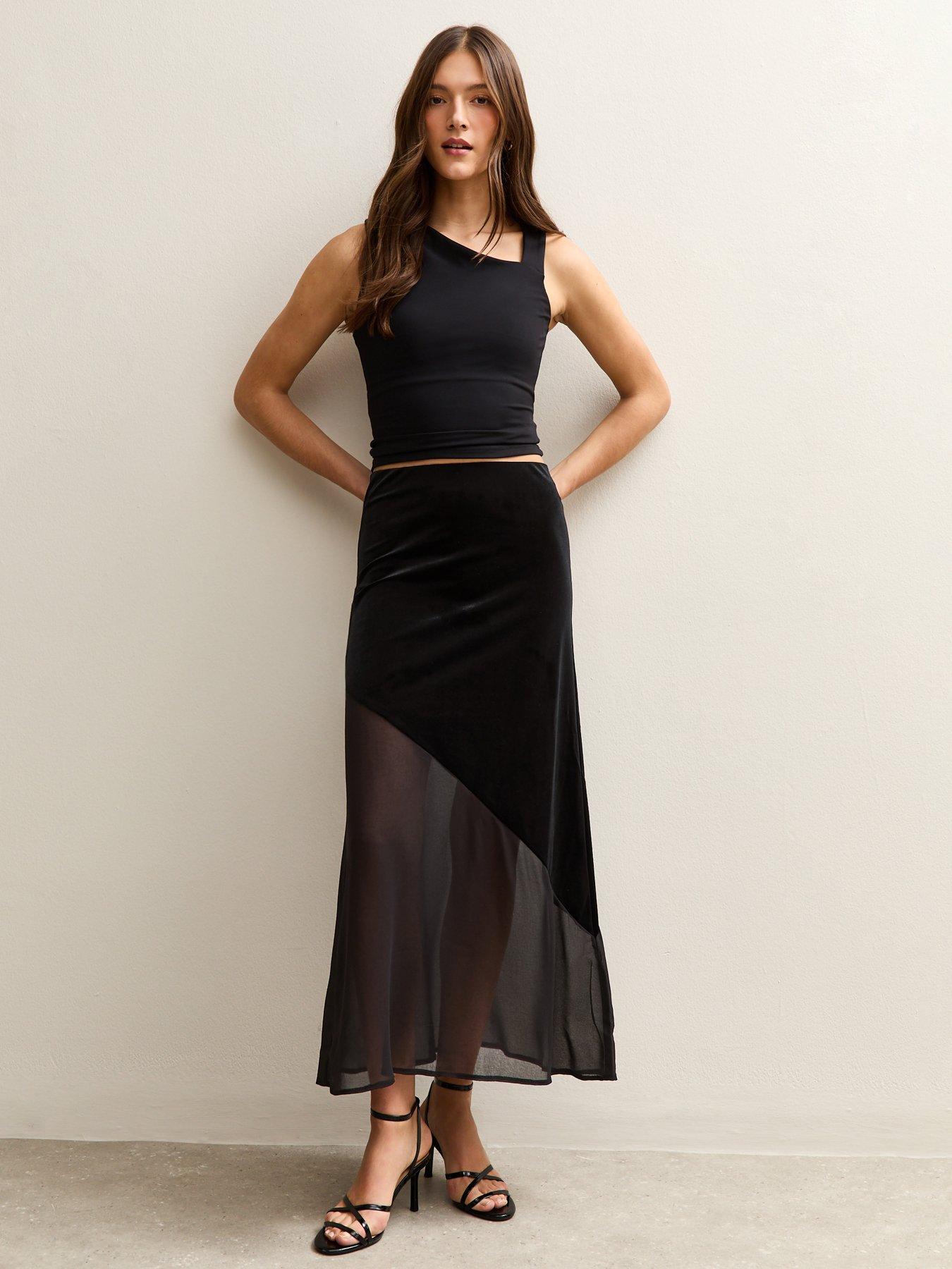 New Look Black Chiffon And Velvet Midi Skirt