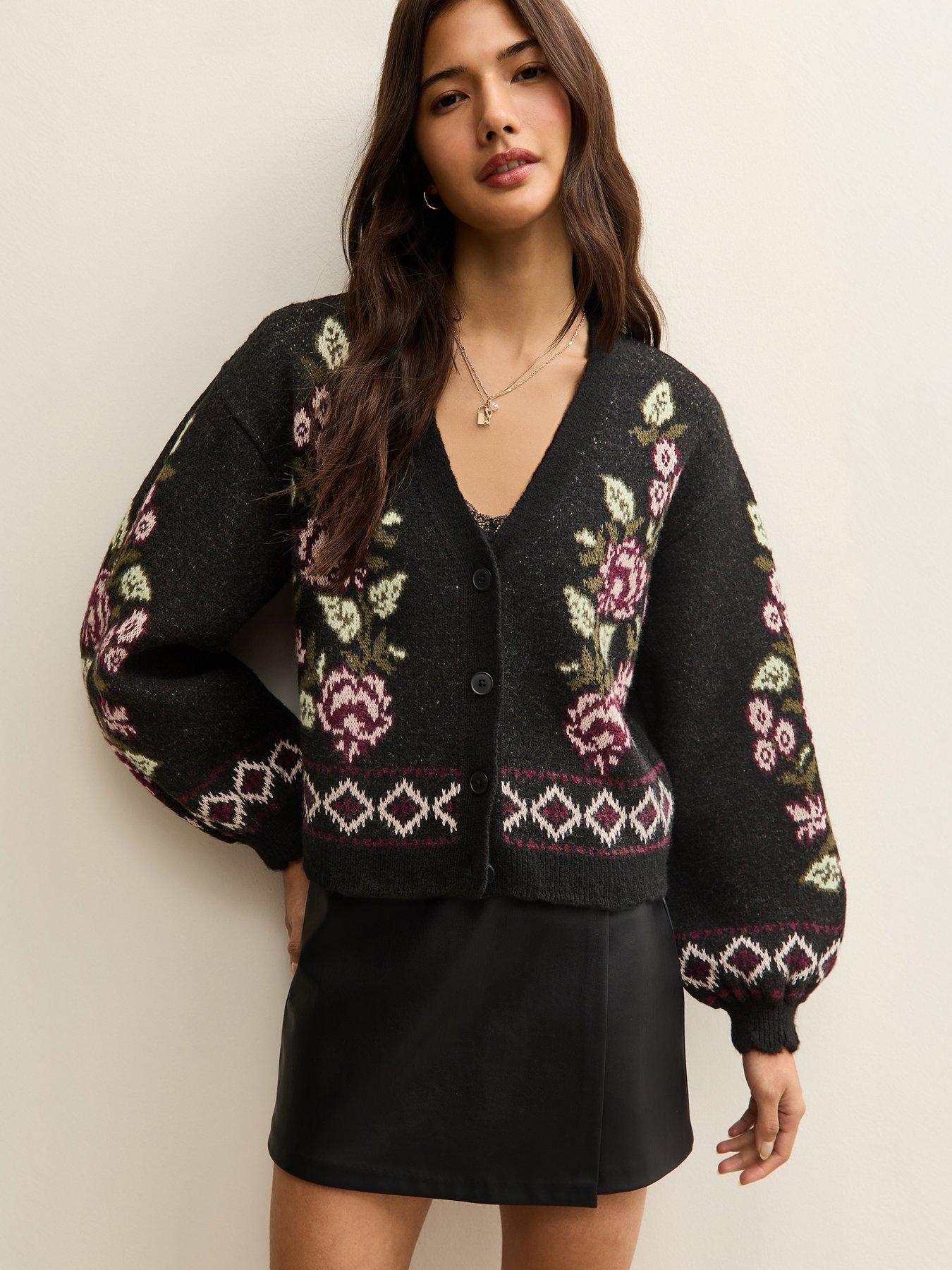 front image of new-look-floral-jacquard-v-neck-cardigan-black