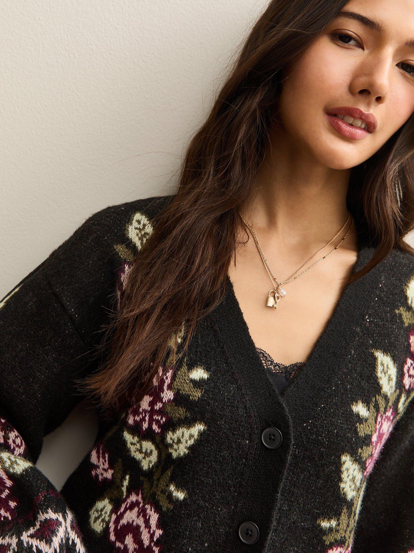  image of new-look-floral-jacquard-v-neck-cardigan-black