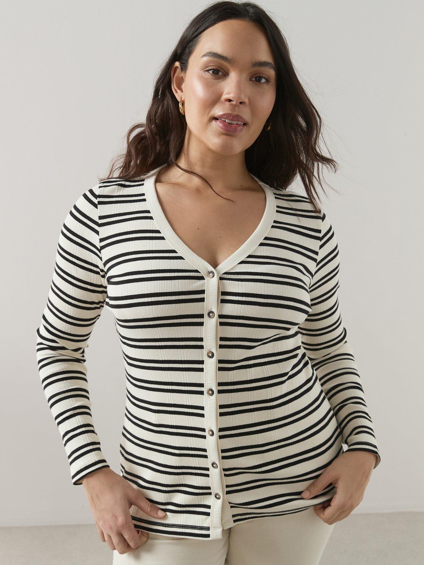front image of the-very-collection-curve-stripe-rib-button-through-top-multi