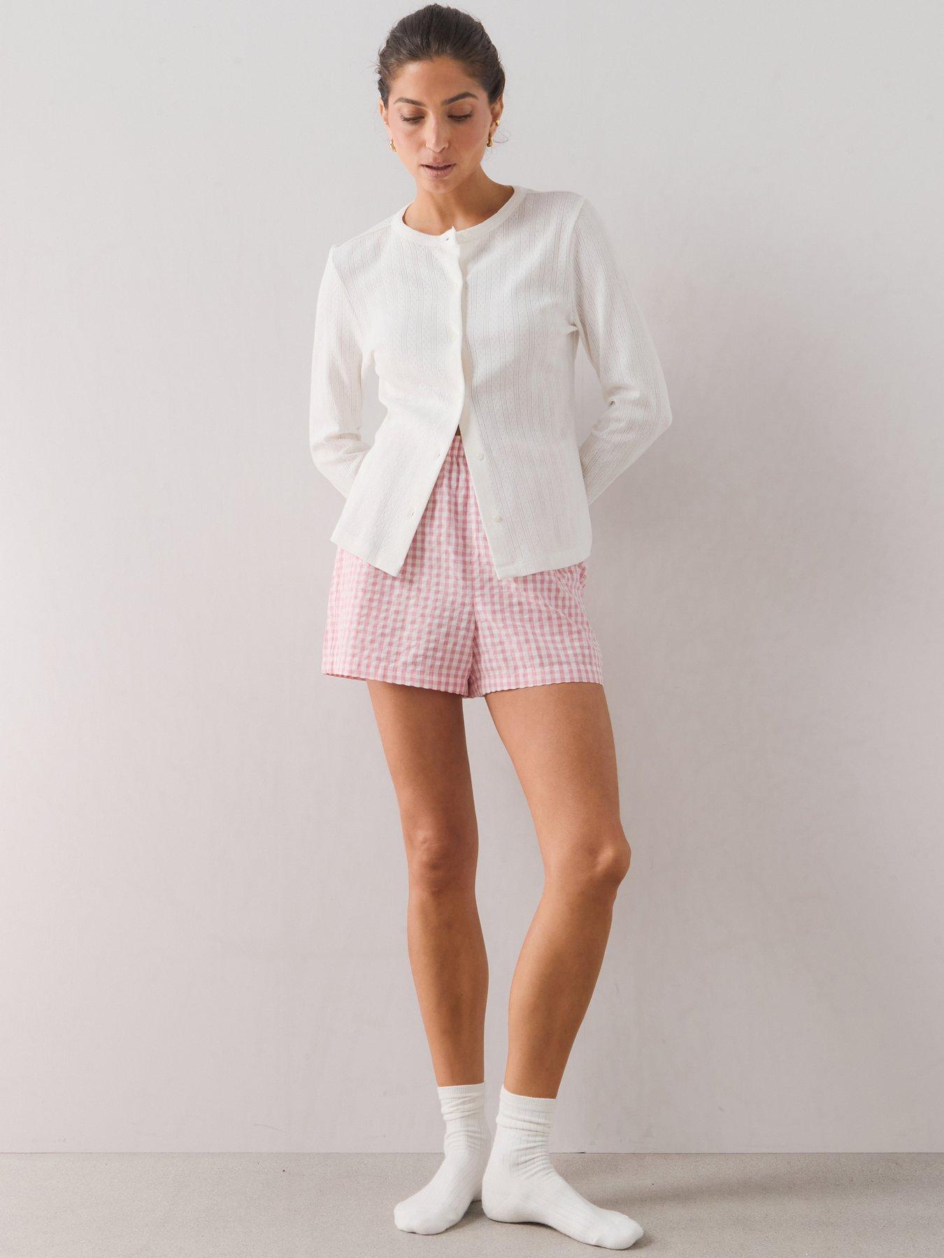 The Very Collection Long Sleeve Pointelle Top And Gingham Short Pyjama Set - White/Pink