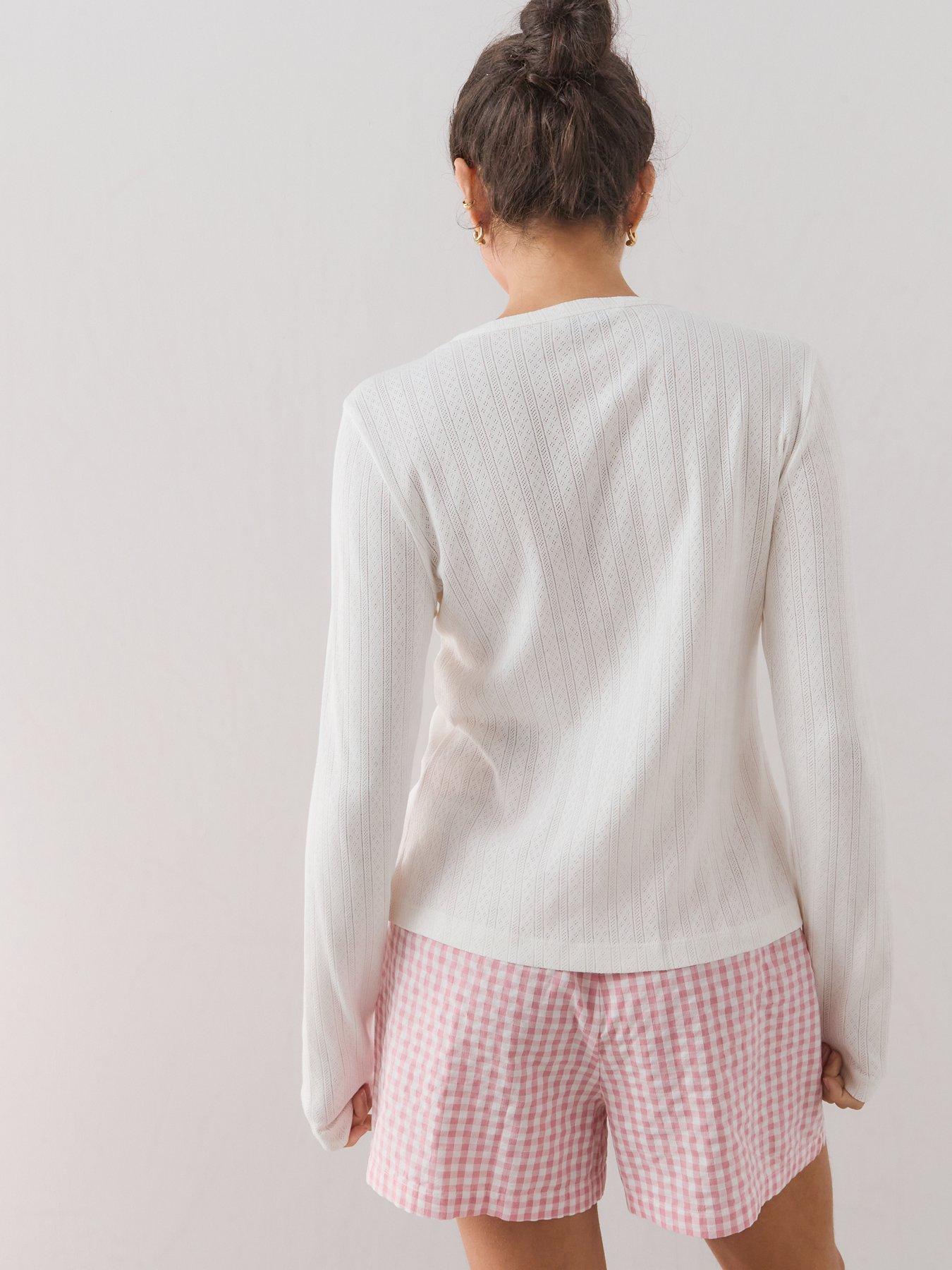Image 2 of 6 of The Very Collection Long Sleeve Pointelle Top And Gingham Short Pyjama Set - White/Pink