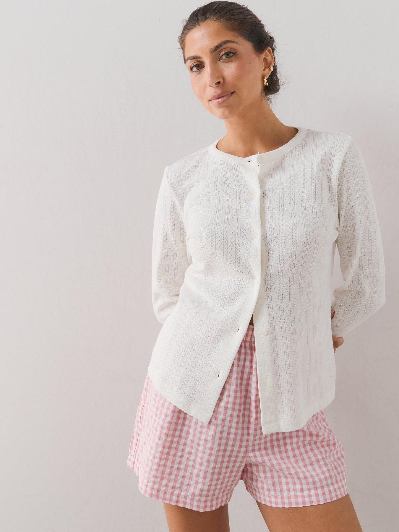 Image 3 of 6 of The Very Collection Long Sleeve Pointelle Top And Gingham Short Pyjama Set - White/Pink