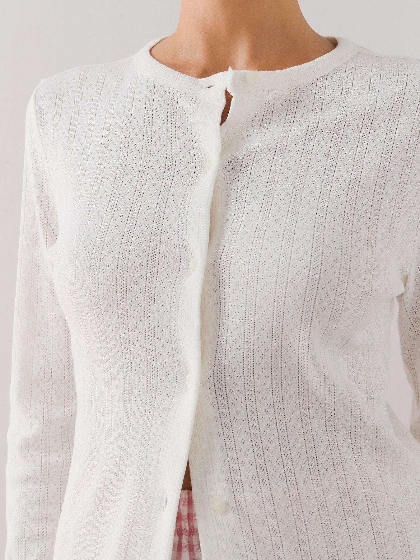 Image 6 of 6 of The Very Collection Long Sleeve Pointelle Top And Gingham Short Pyjama Set - White/Pink