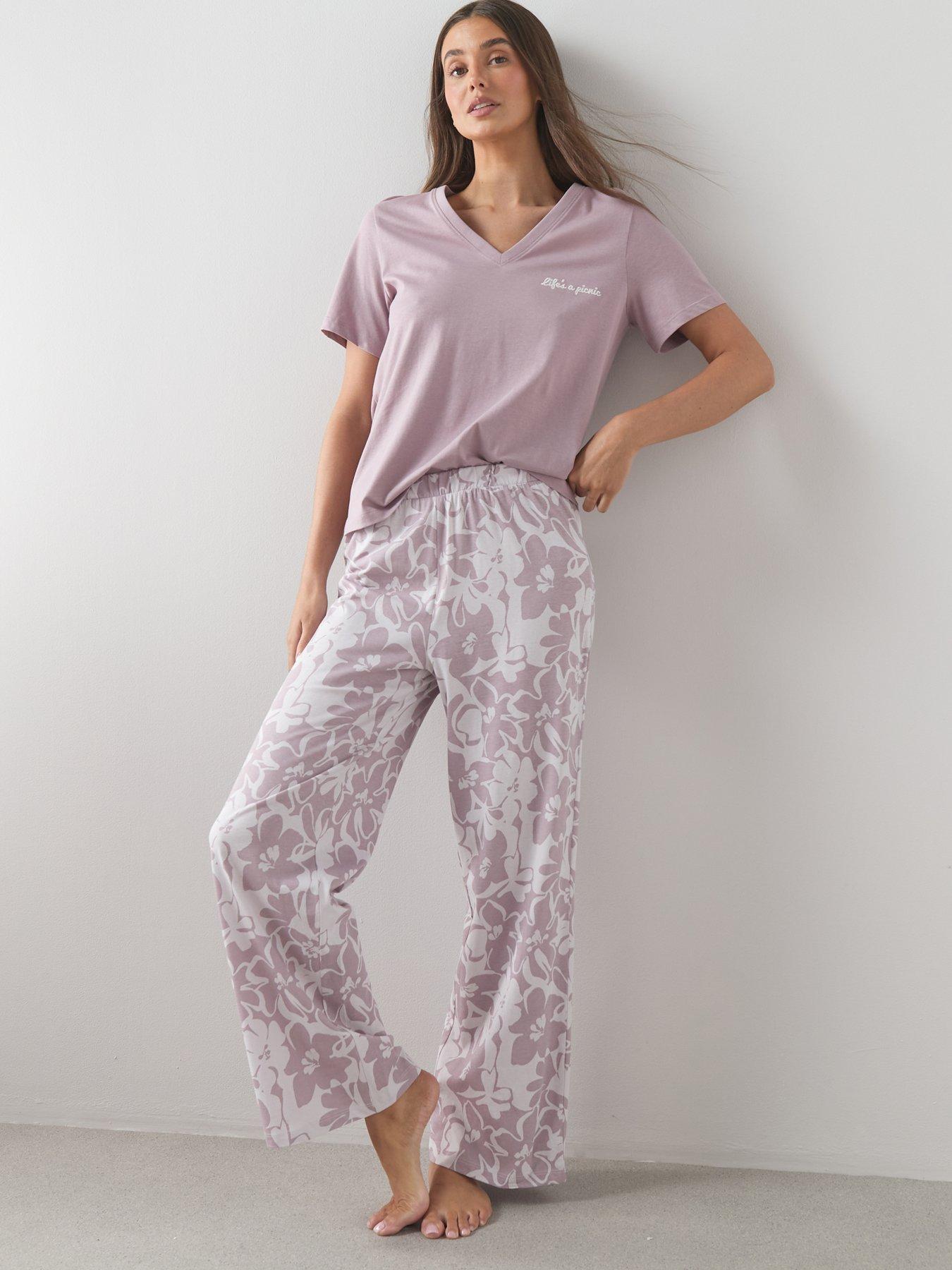 The Very Collection V Neck Lifes A Picnic Tshirt And Floral Wide Leg Bottom Pyjama Set