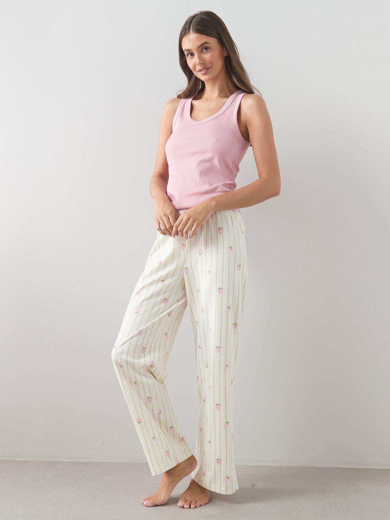 The Very Collection Ribbed Vest And Printed Aop Wide Leg Bottom Pyjama Set - Pink