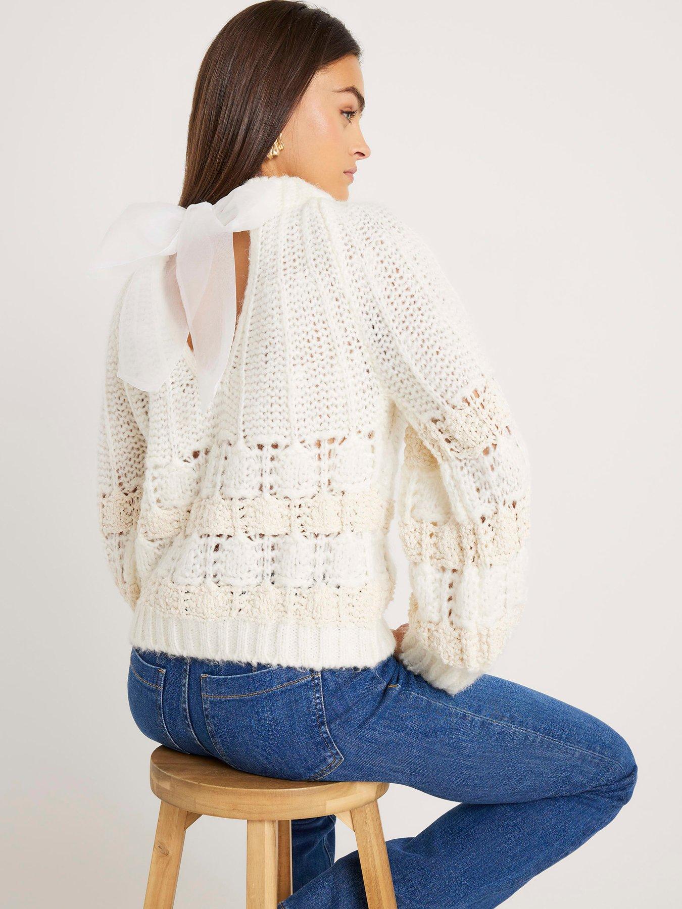  image of river-island-knitted-pointelle-bow-back-jumper-white