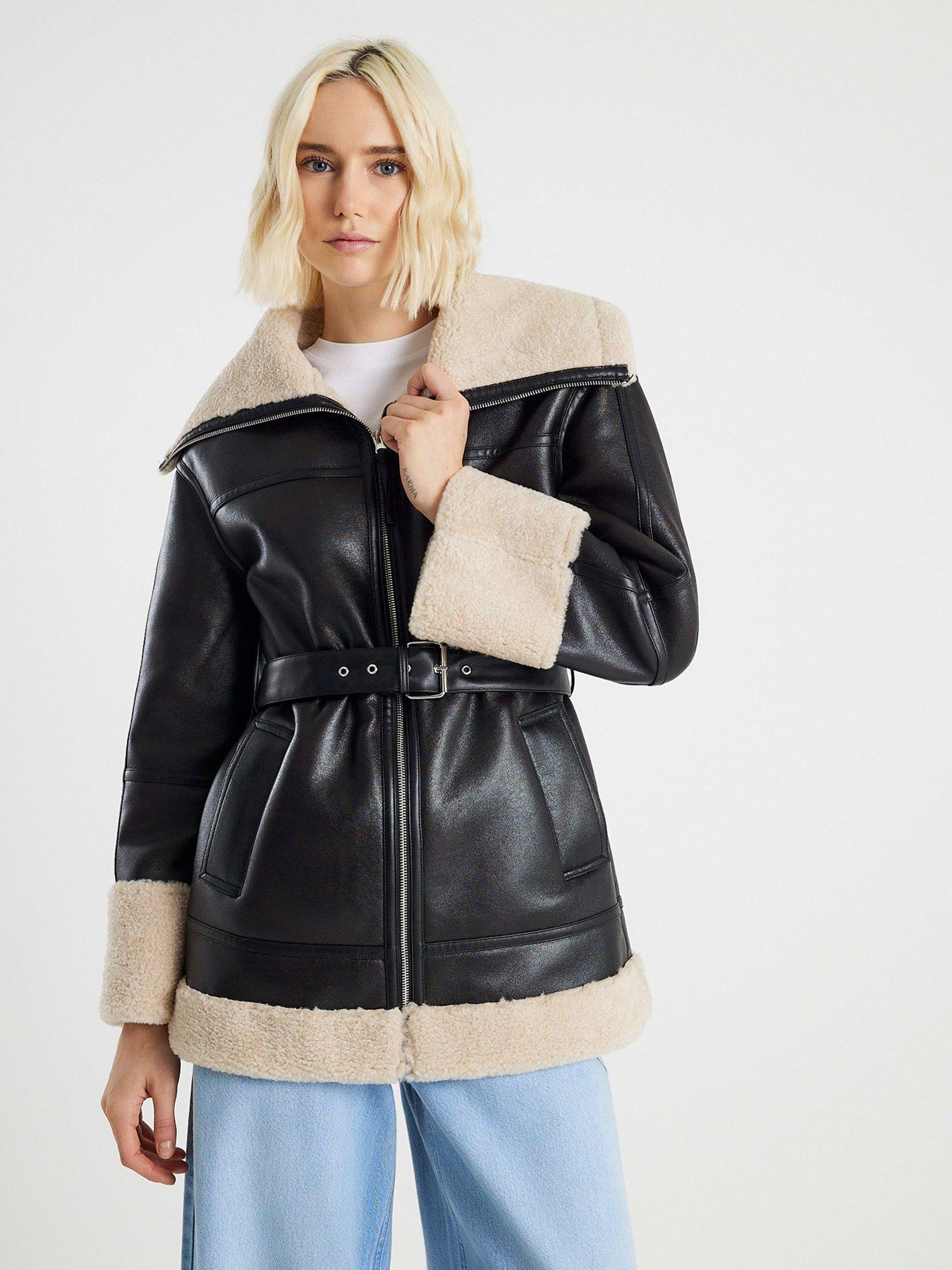 front image of river-island-short-belted-aviator-coat-black