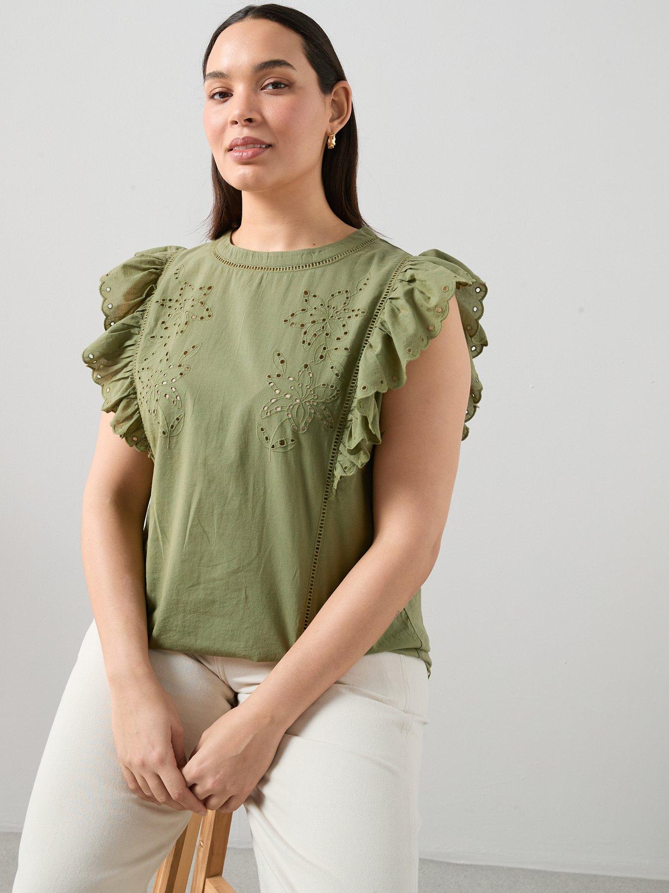 The Very Collection Curve Frill Sleeve Cutwork Top
