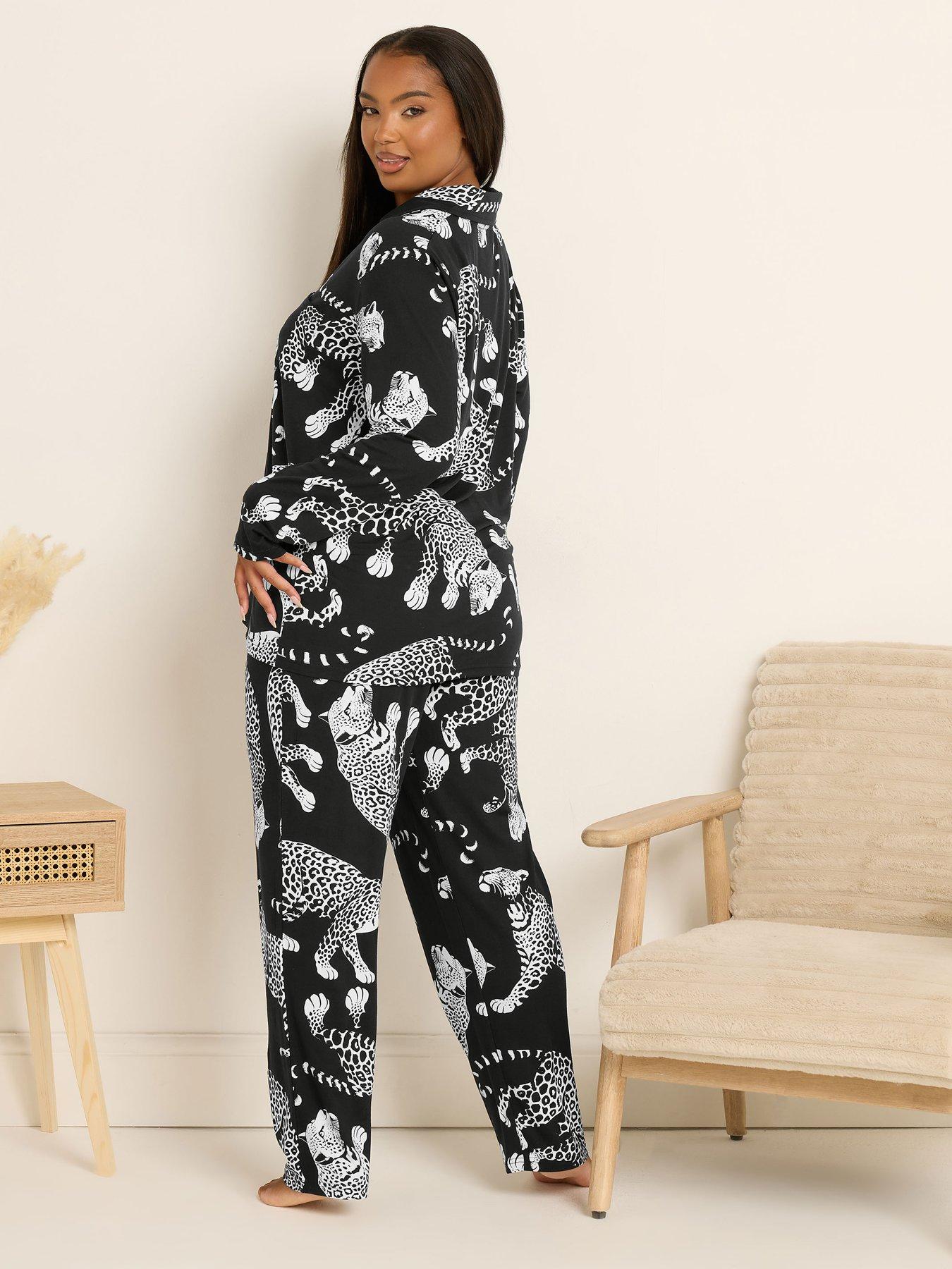 Image 2 of 4 of Yours Curve Soft Touch Leopard Button Pyjama Set - Black