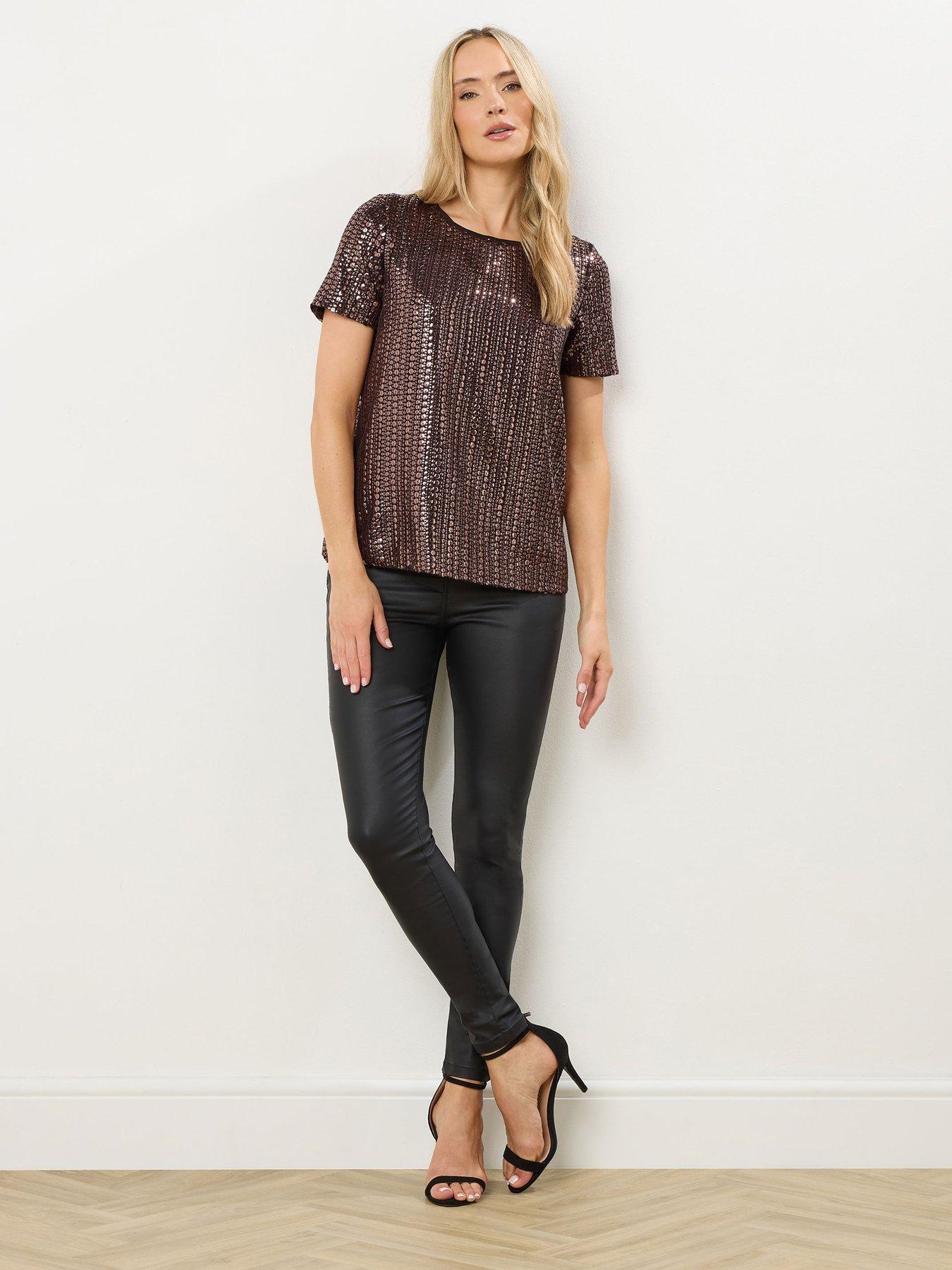 Image 3 of 4 of Long Tall Sally Tall Short Sleeve Sequin Top - Brown