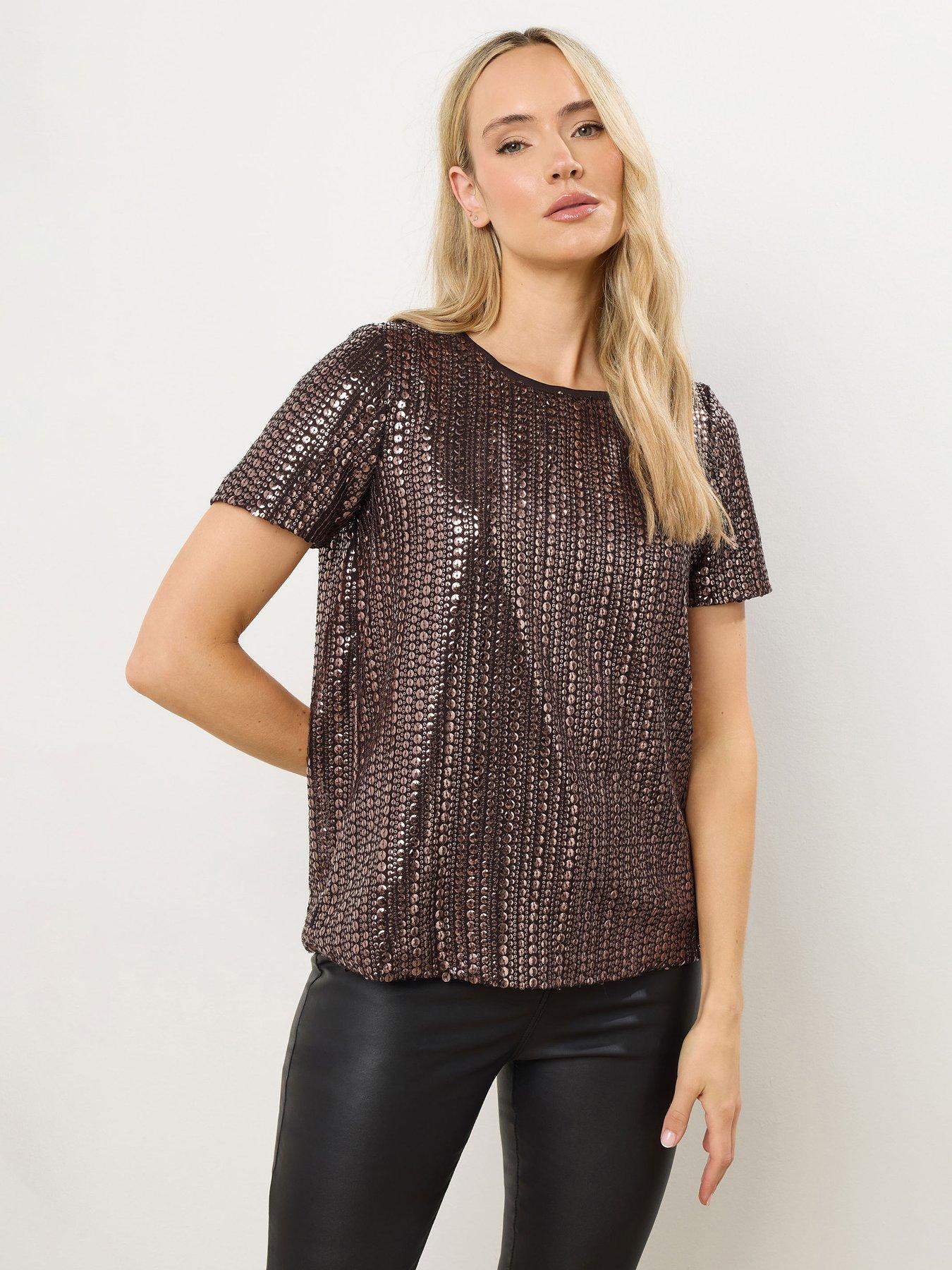 Image 4 of 4 of Long Tall Sally Tall Short Sleeve Sequin Top - Brown