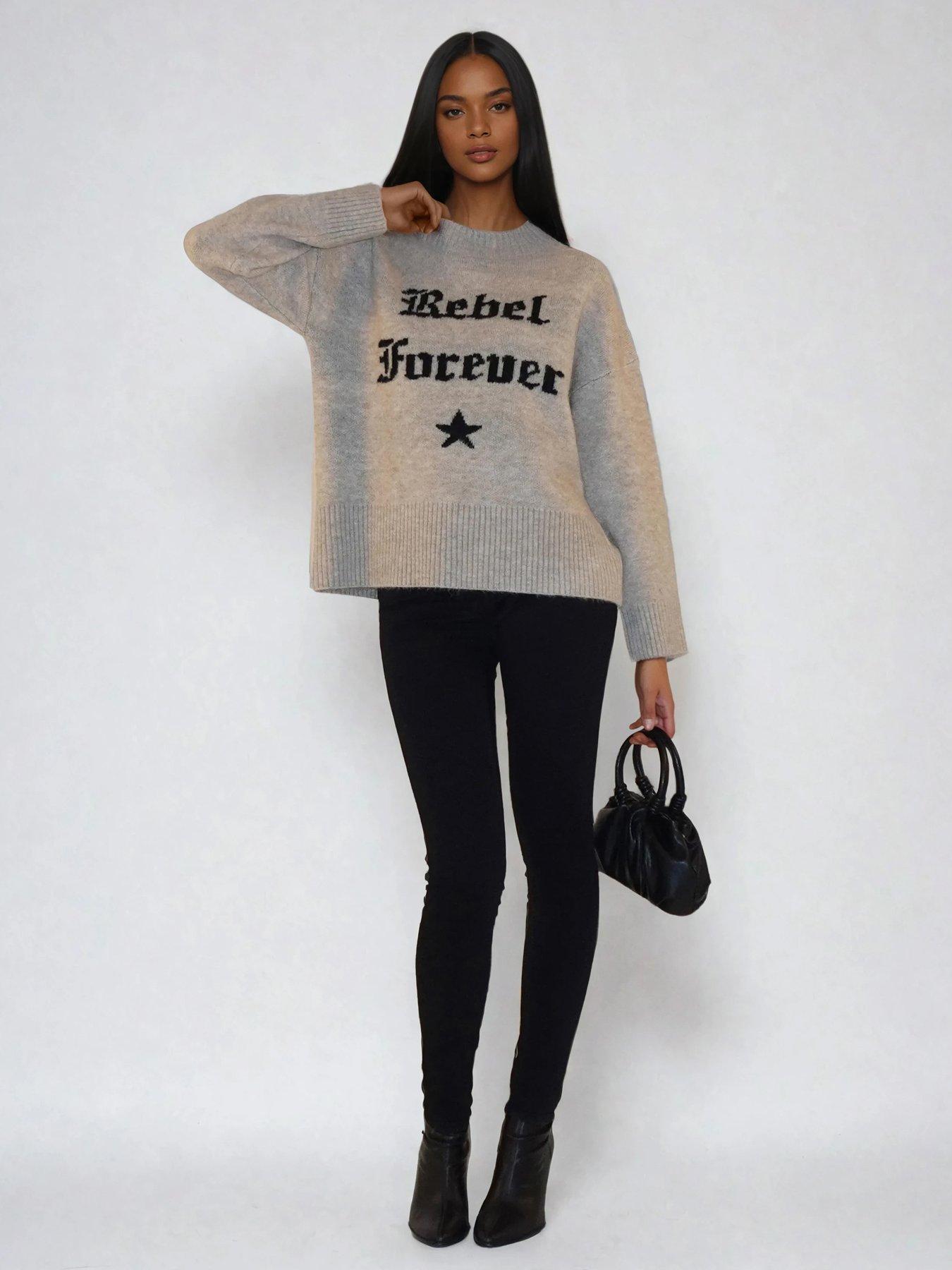  image of religion-rebel-forever-crew-neck-slogan-jumper-grey