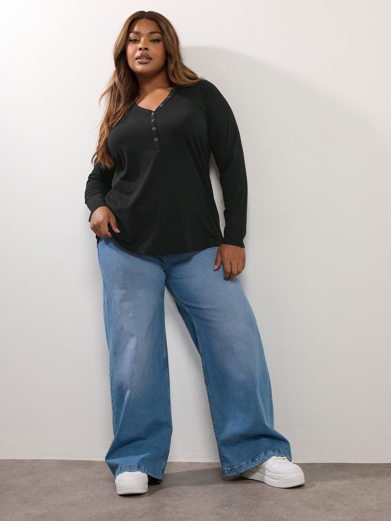 Image 3 of 4 of Yours Curve Open Neckline Henley Top - Black
