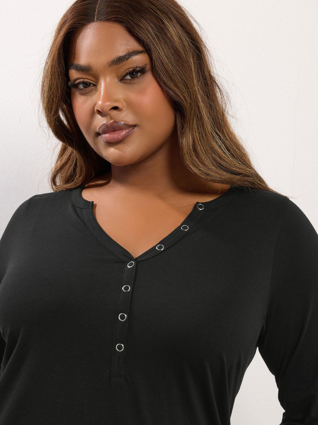 Image 4 of 4 of Yours Curve Open Neckline Henley Top - Black