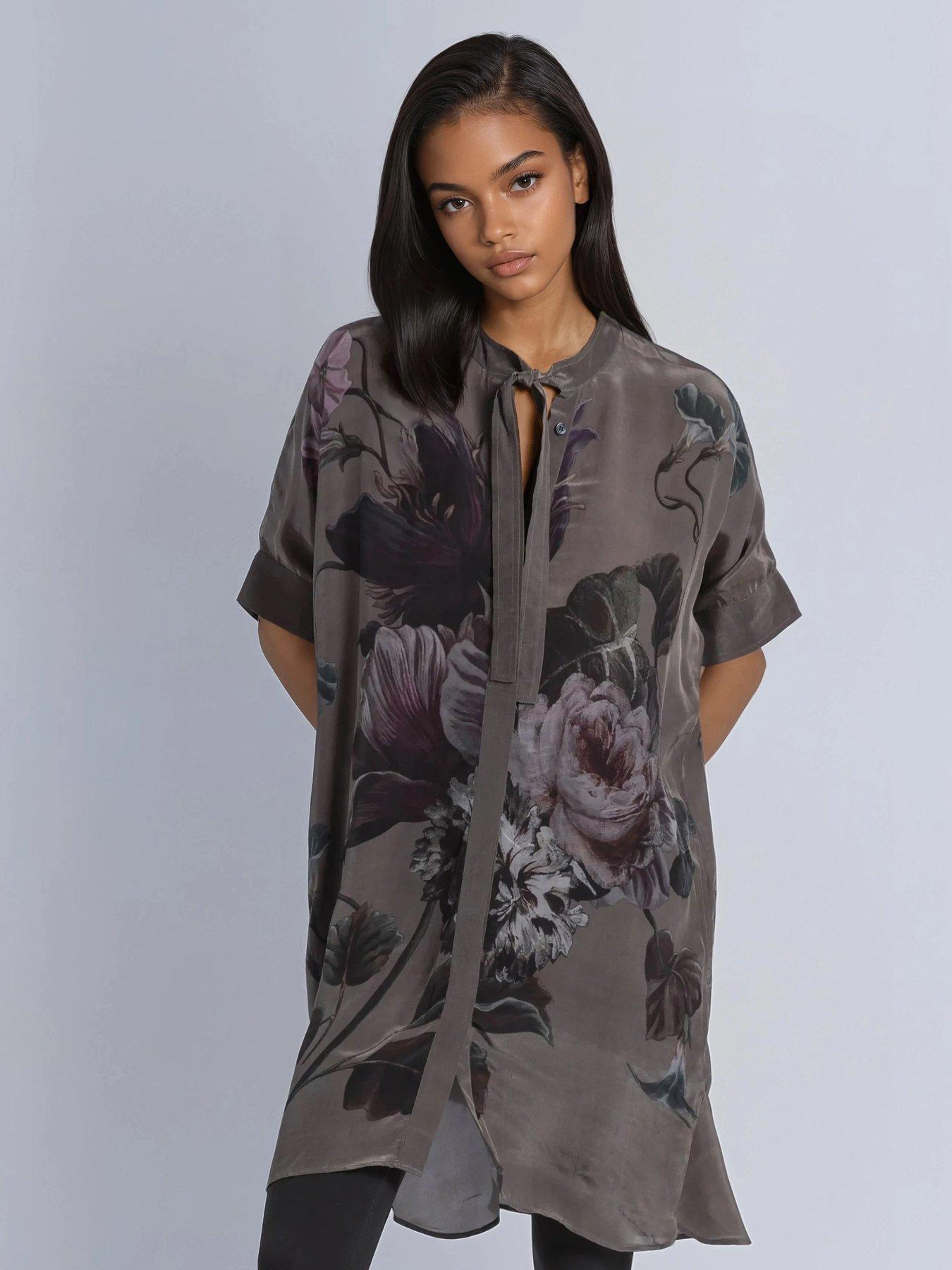  image of religion-diana-tunic-dress-with-neck-tie-in-dark-floral-placement-print-green