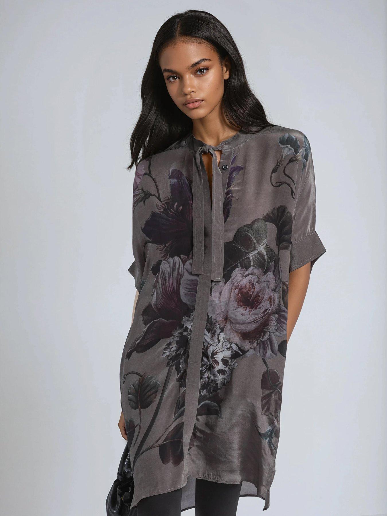  image of religion-diana-tunic-dress-with-neck-tie-in-dark-floral-placement-print-green