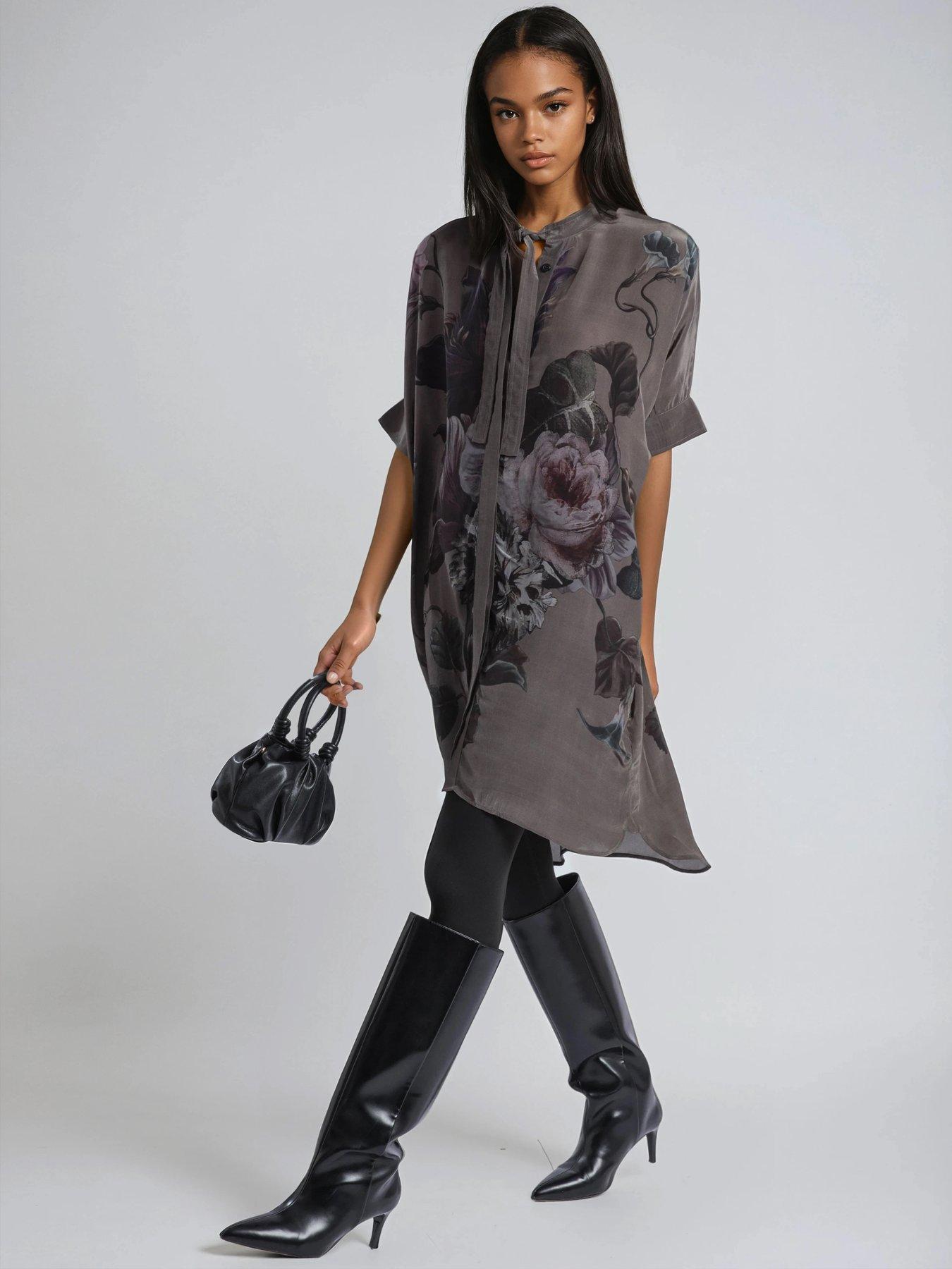  image of religion-diana-tunic-dress-with-neck-tie-in-dark-floral-placement-print-green