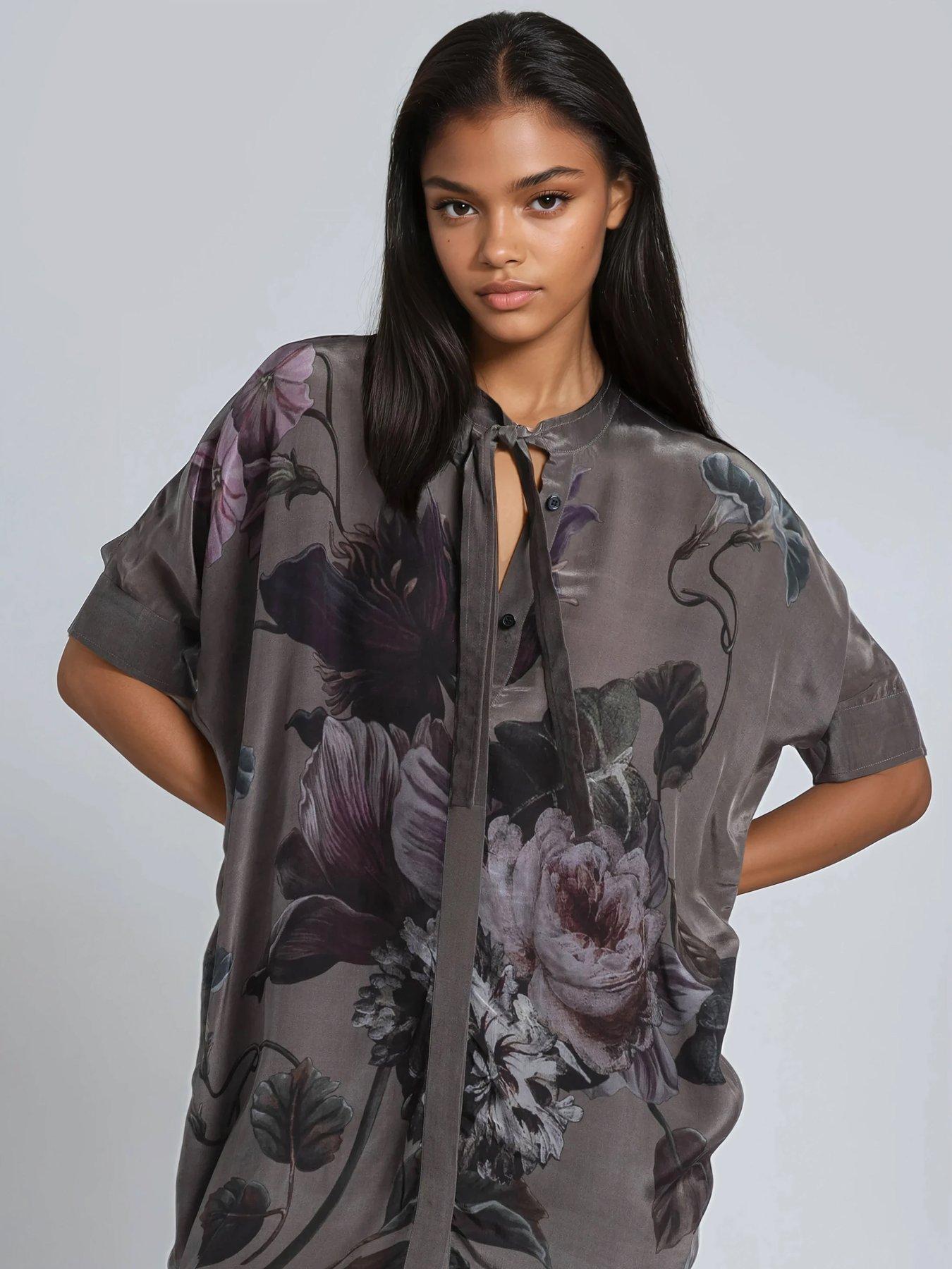  image of religion-diana-tunic-dress-with-neck-tie-in-dark-floral-placement-print-green
