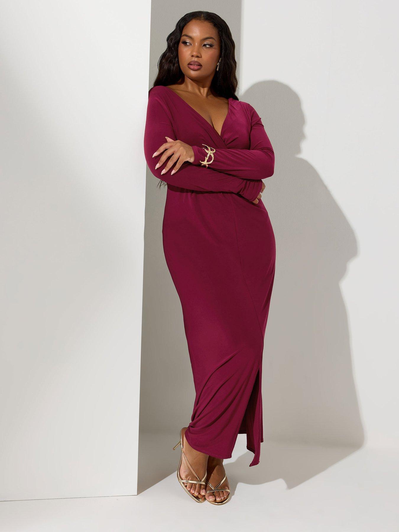 undefined Curve Long Sleeve Knot Maxi Dress - Red
