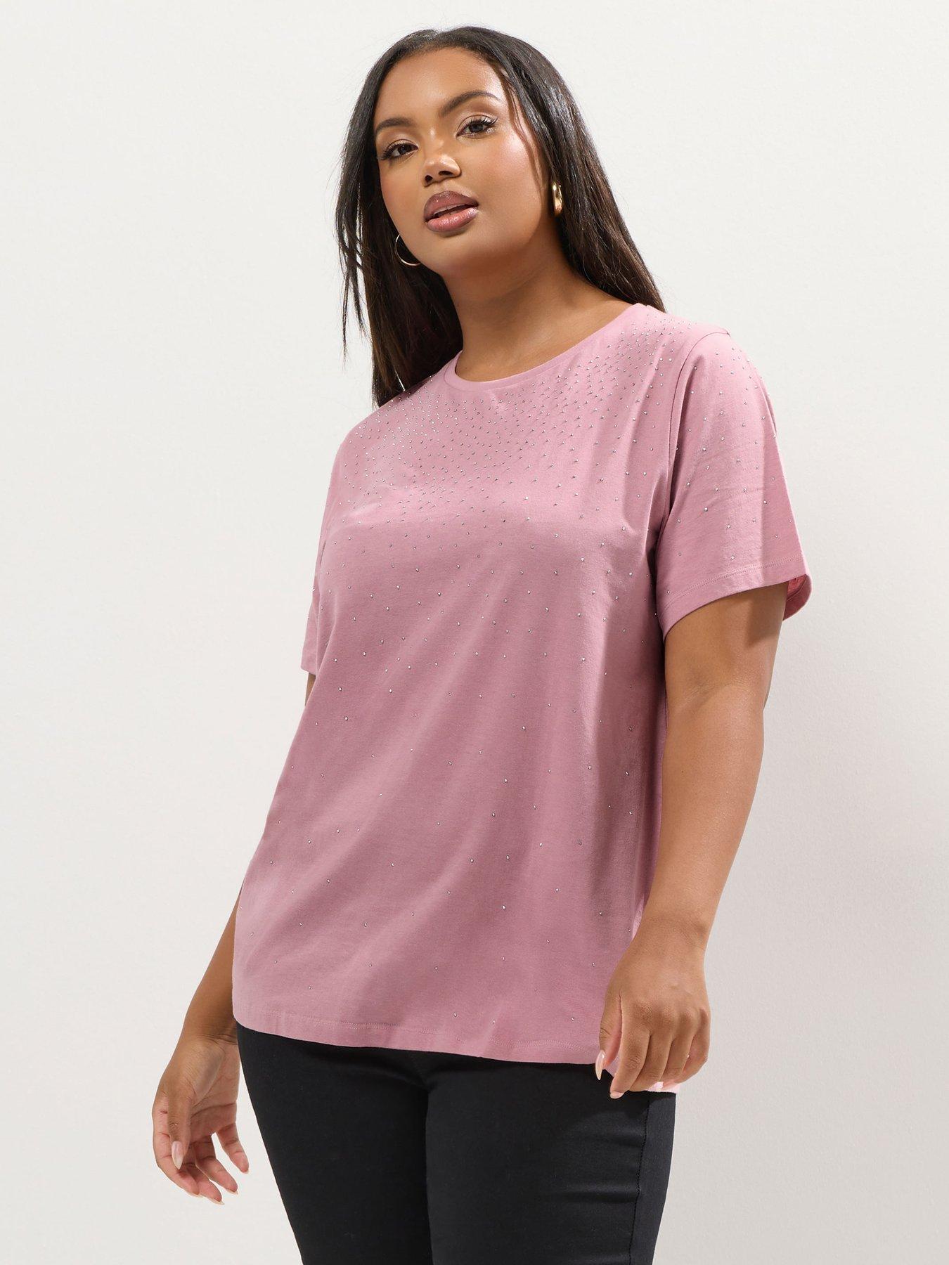 Yours Curve Diamante Set In Sleeve T-Shirt - Pink