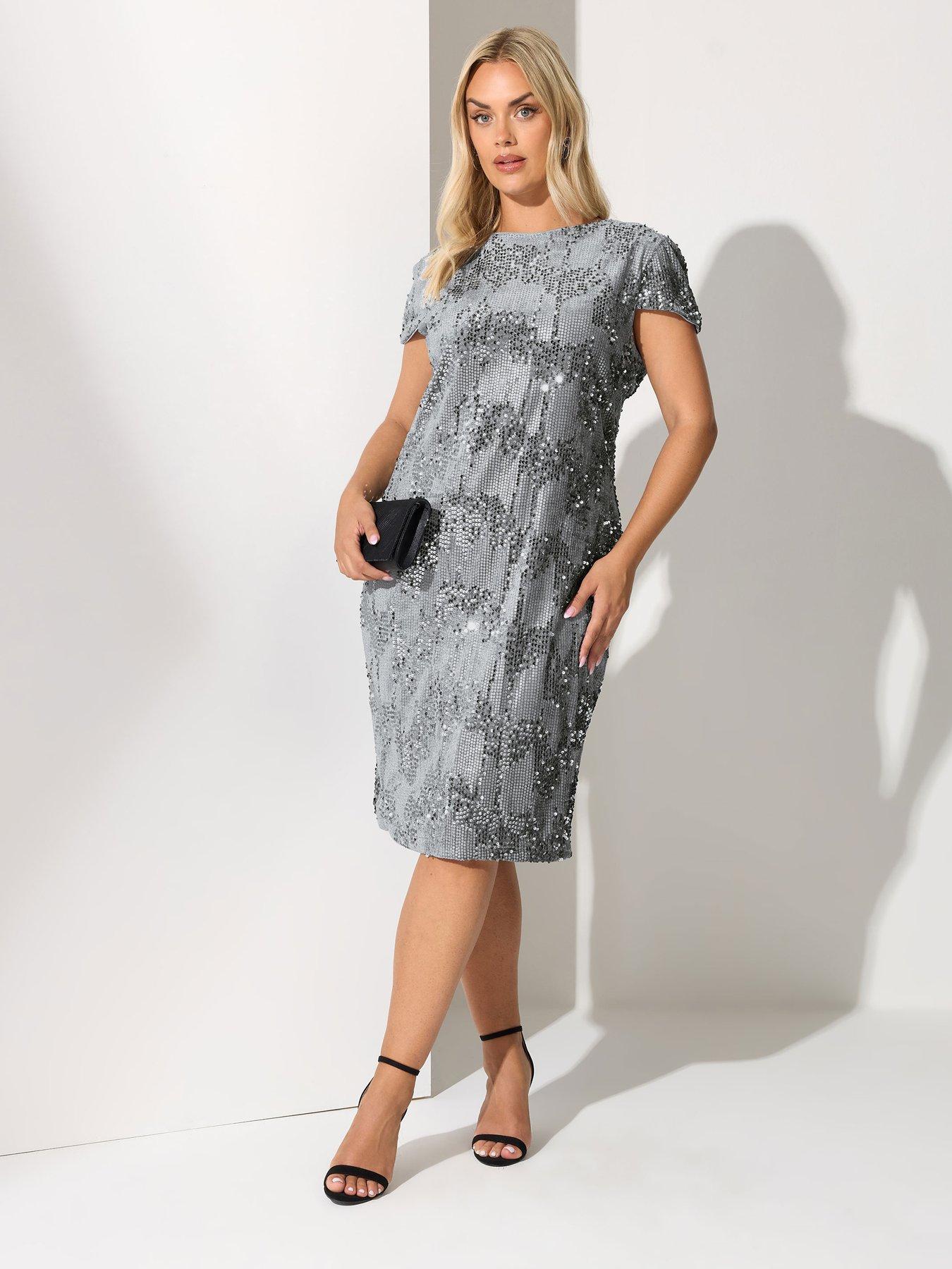 Image 1 of 4 of Yours Curve Sequin Velvet Cap Sleeve Shift Dress - Grey