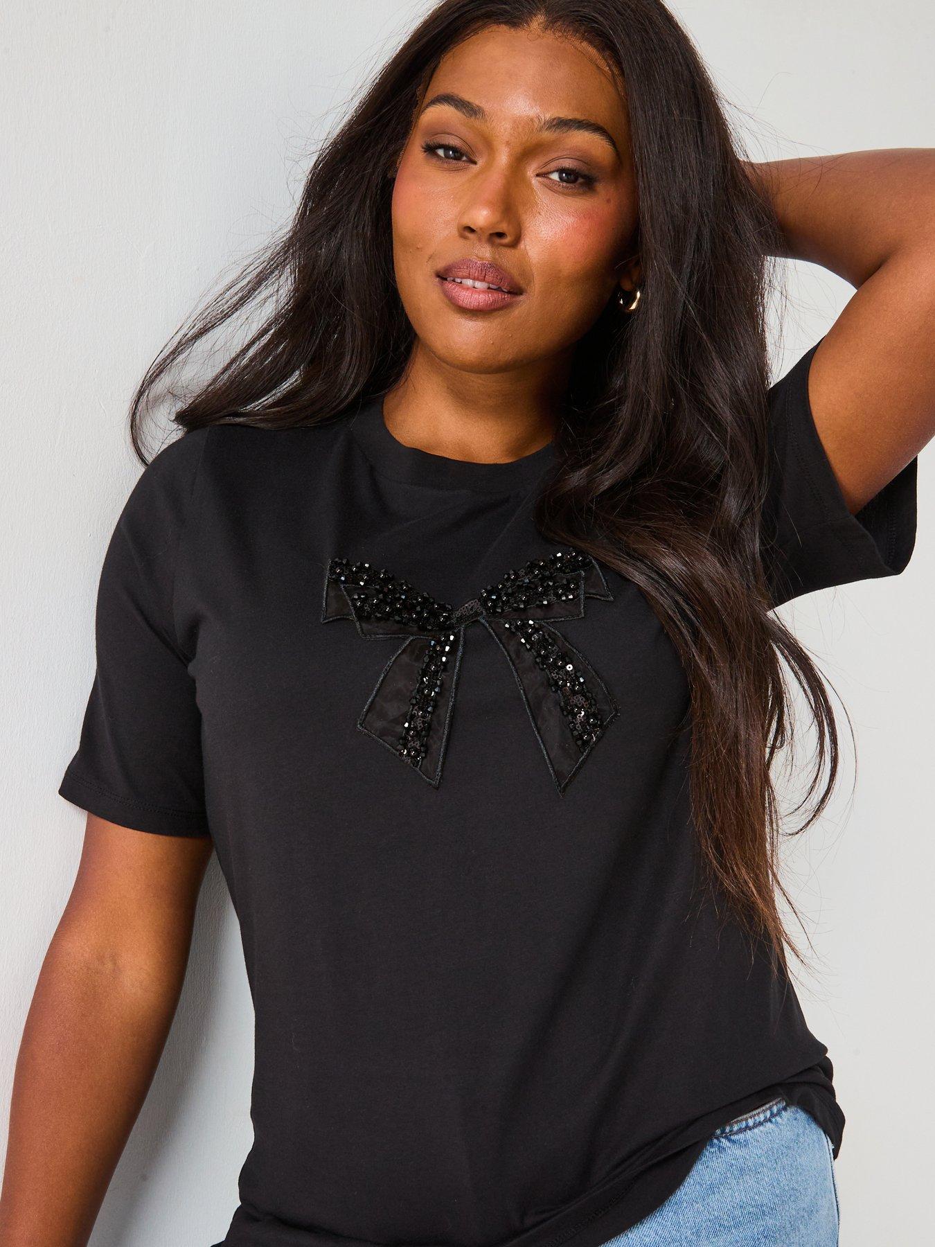 Image 1 of 6 of The Very Collection Curve Embellished Bow T-Shirt - Black