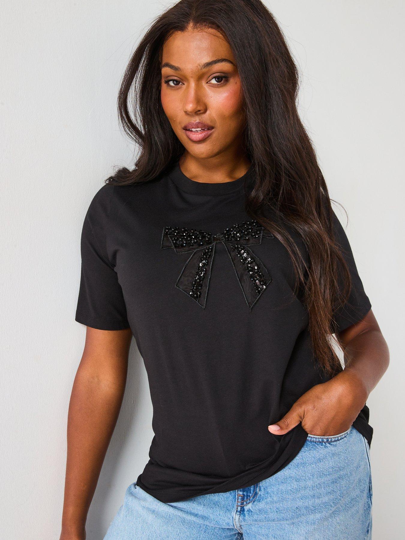 Image 4 of 6 of The Very Collection Curve Embellished Bow T-Shirt - Black