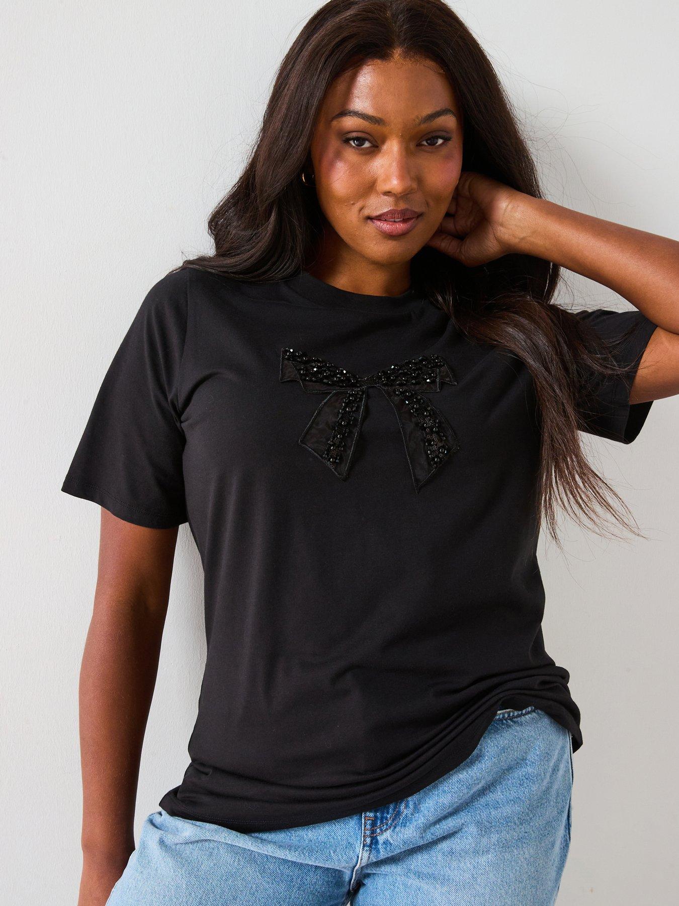 Image 6 of 6 of The Very Collection Curve Embellished Bow T-Shirt - Black