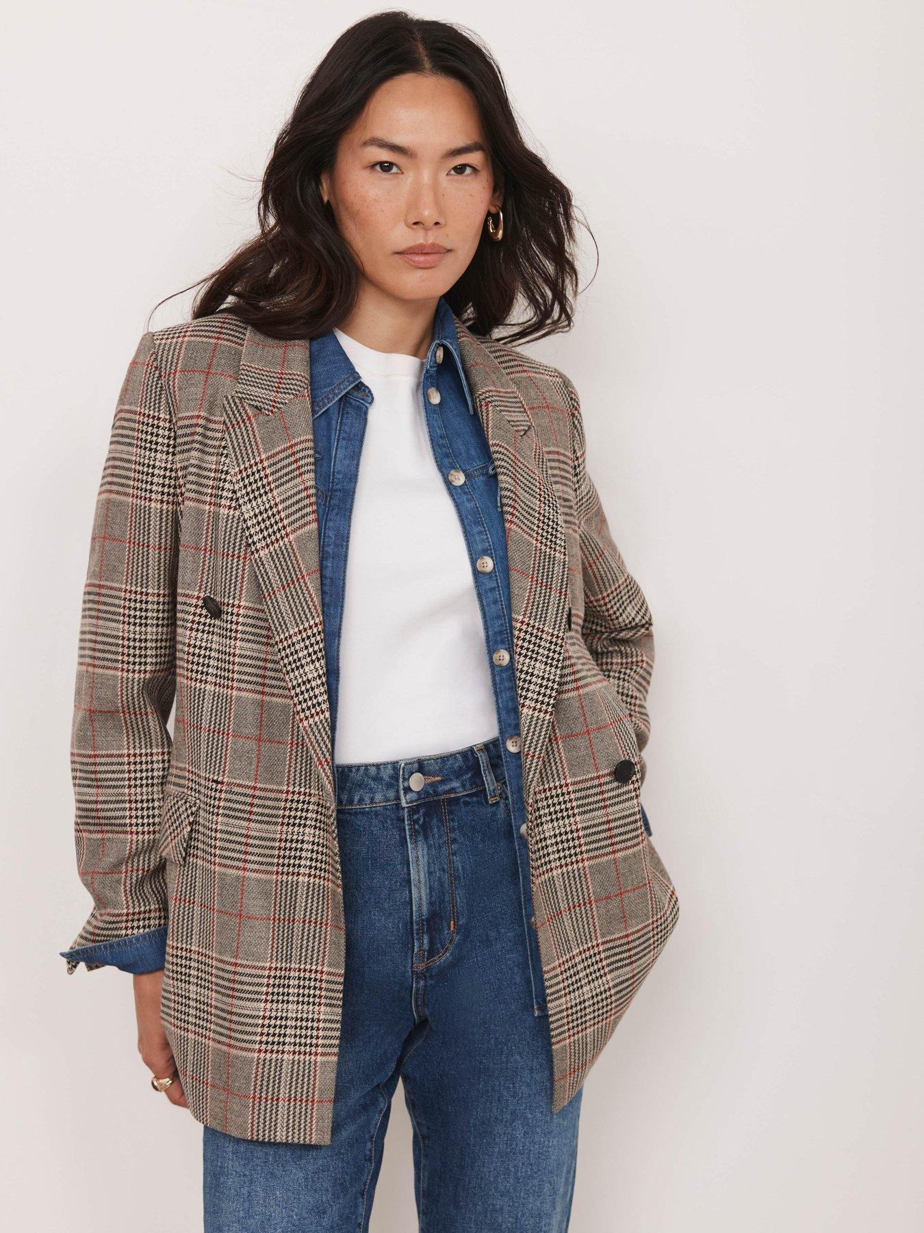  image of mint-velvet-neutral-graphic-check-blazer-beige