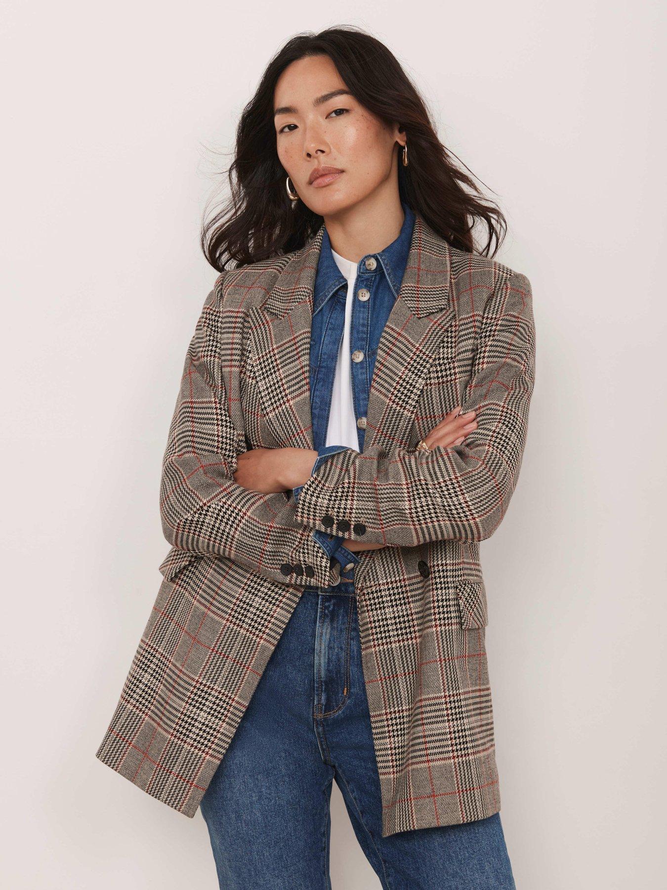  image of mint-velvet-neutral-graphic-check-blazer-beige