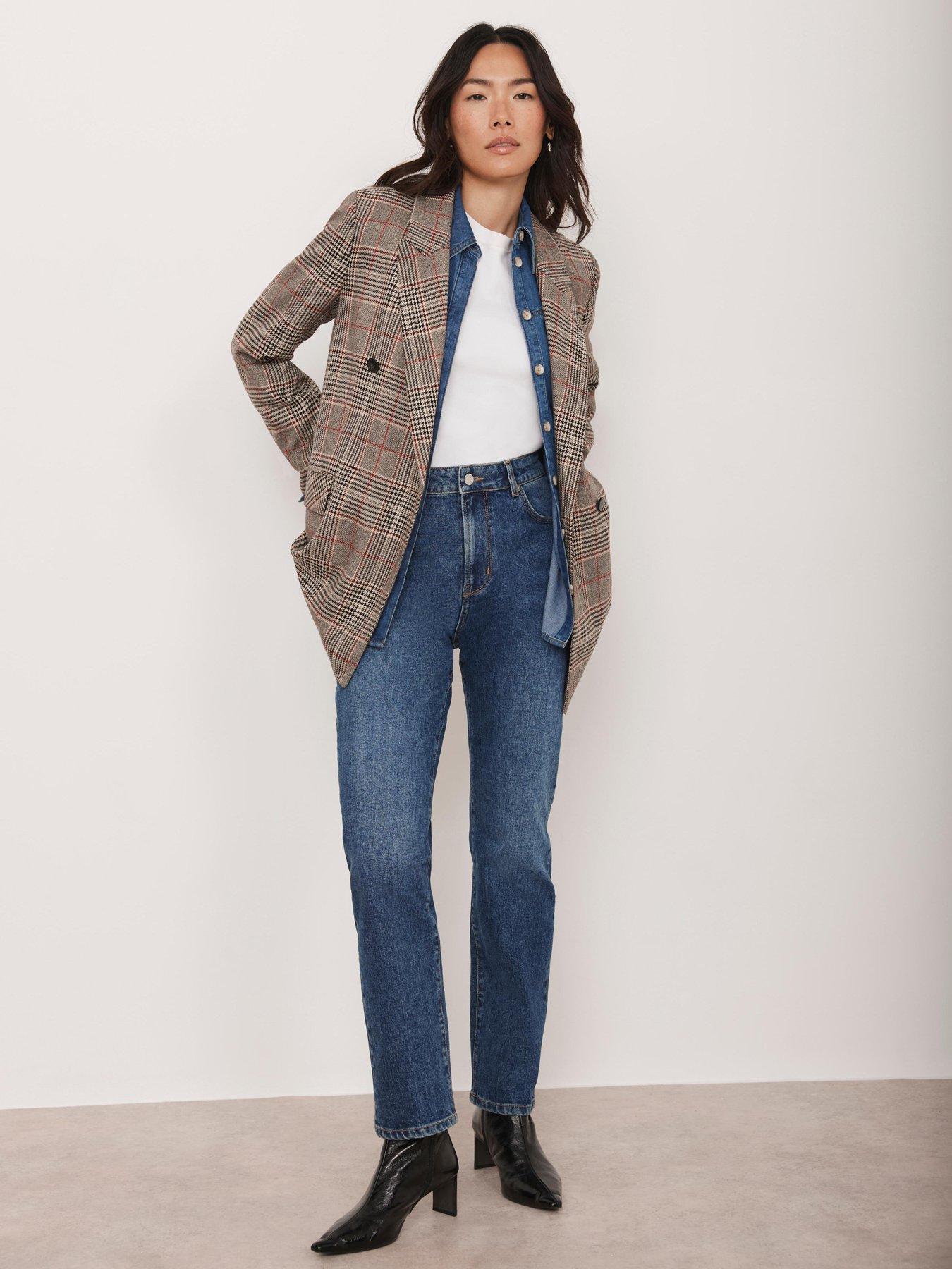  image of mint-velvet-neutral-graphic-check-blazer-beige