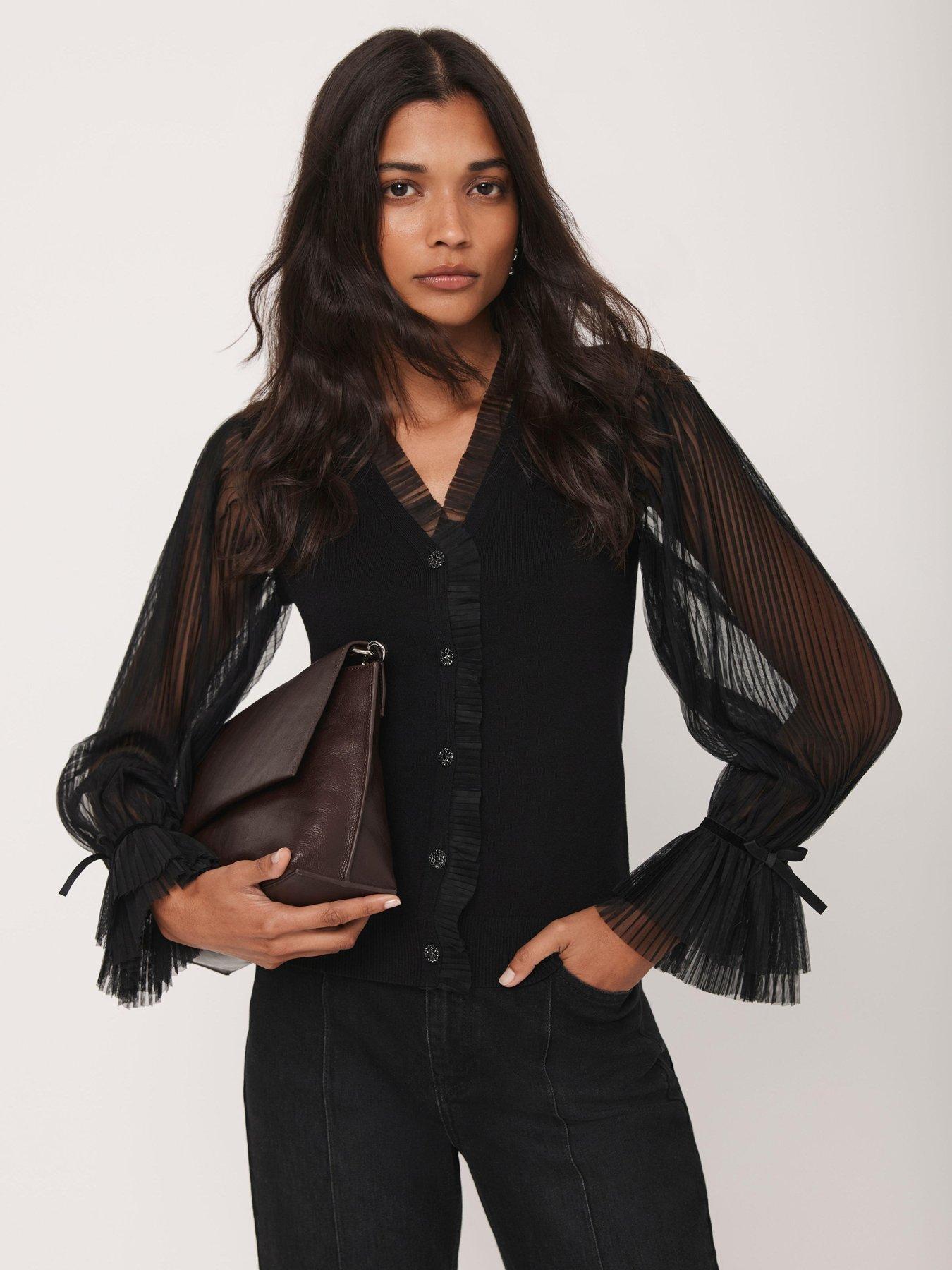  image of mint-velvet-tulle-sleeve-cardigan-black