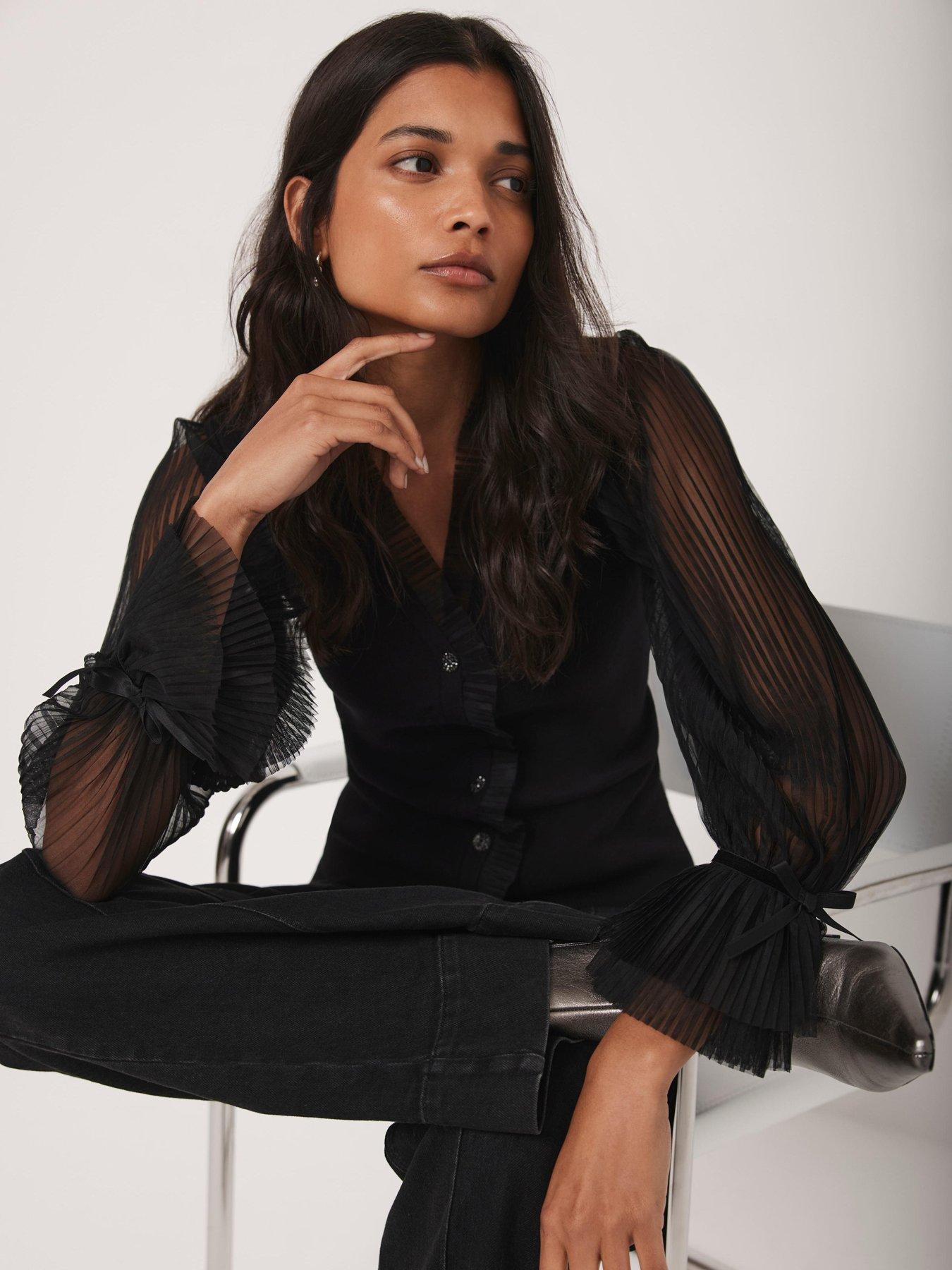  image of mint-velvet-tulle-sleeve-cardigan-black