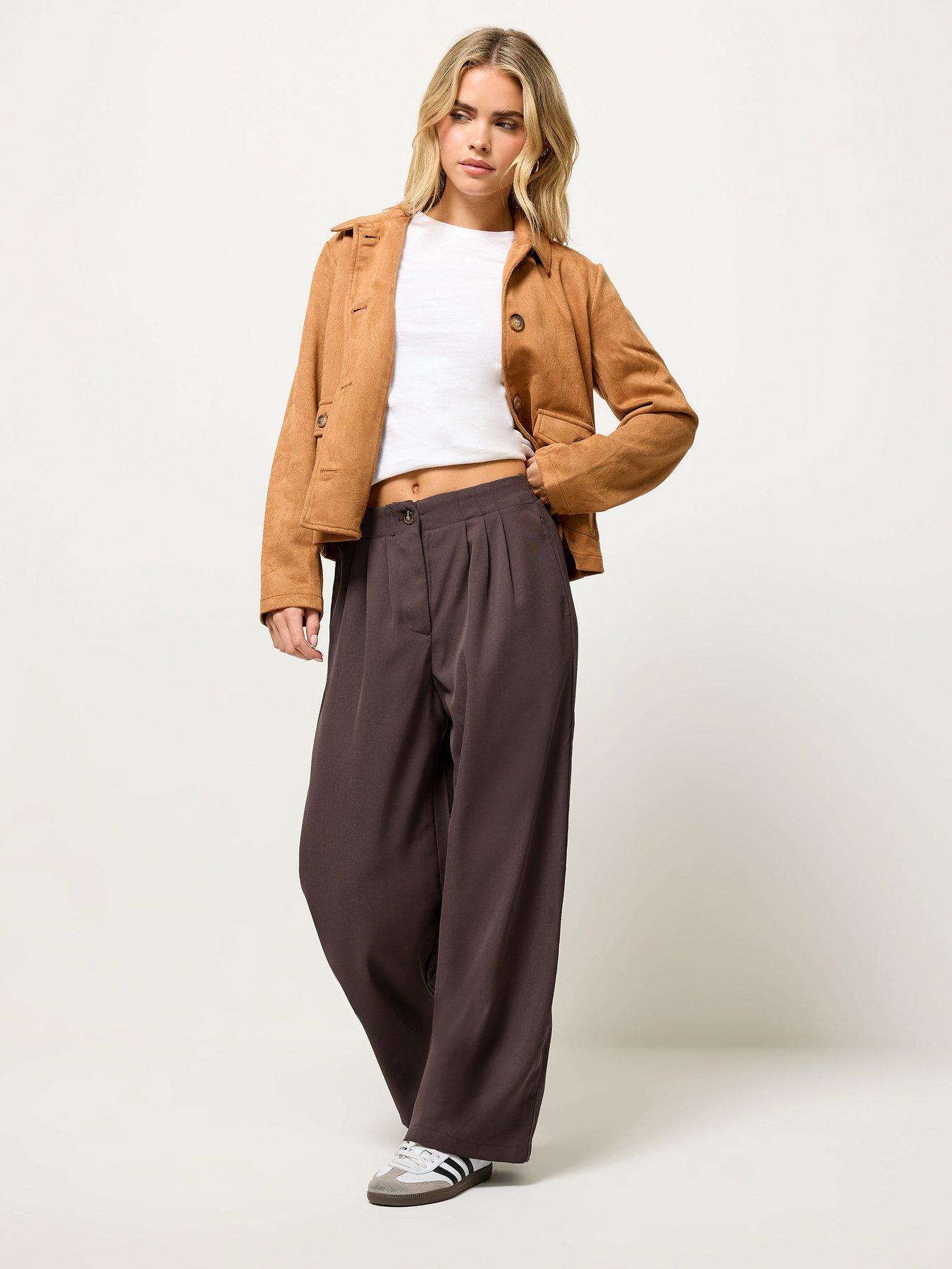 PixieGirl Petite Pleat Front Wide Leg Trouser - Brown