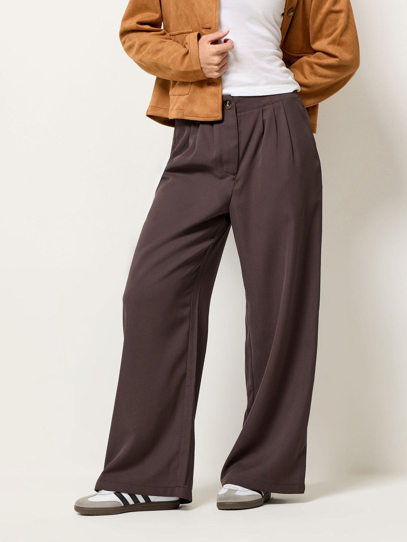 Image 3 of 4 of PixieGirl Petite Pleat Front Wide Leg Trouser - Brown