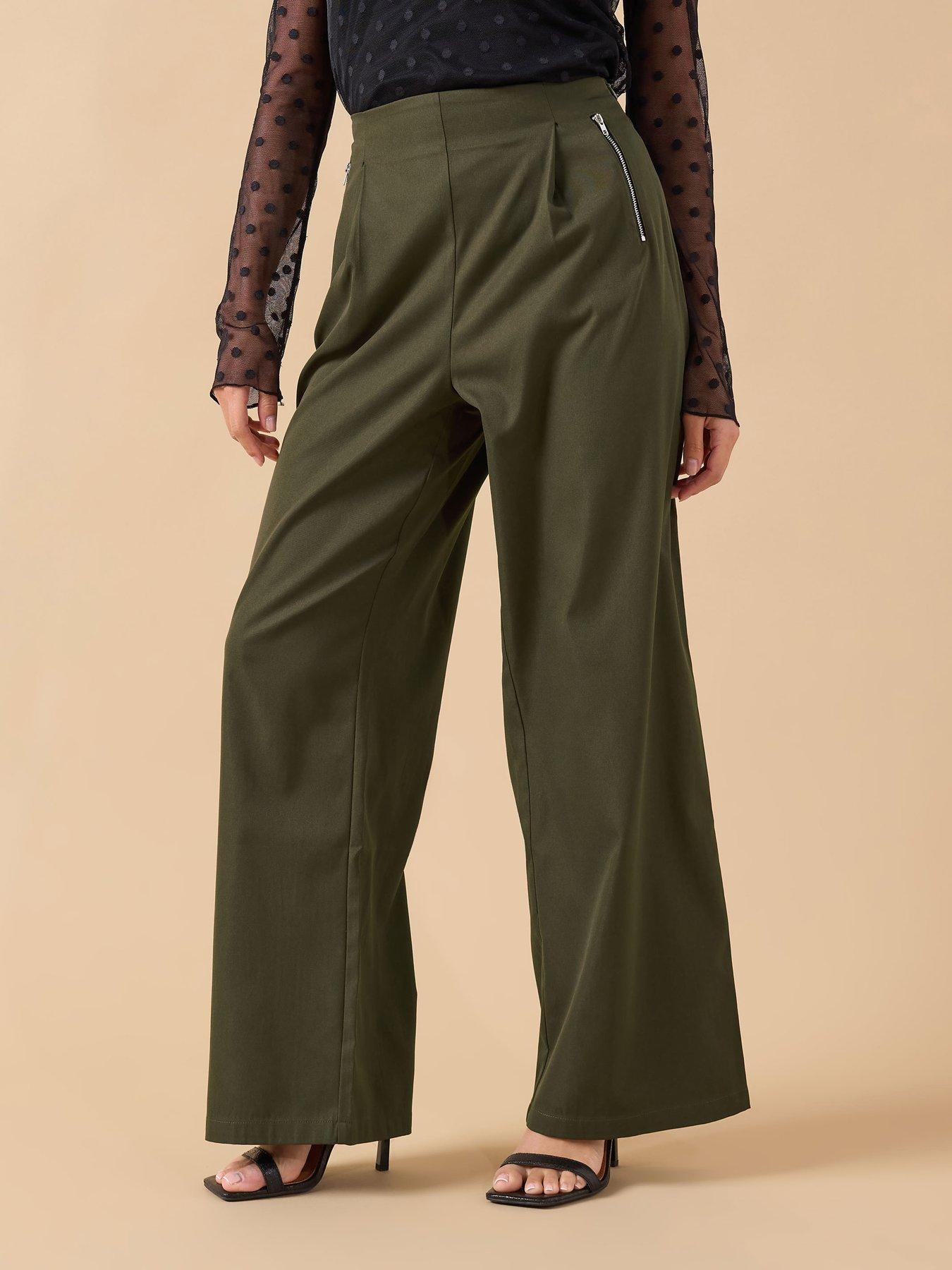  image of pixiegirl-petite-metal-zip-wide-leg-trouser-green