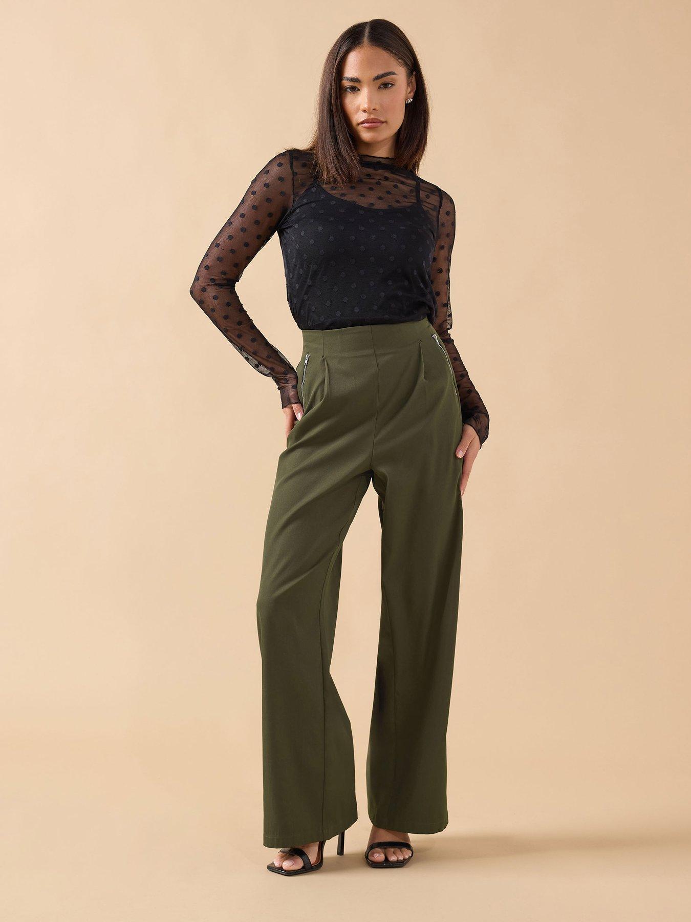  image of pixiegirl-petite-metal-zip-wide-leg-trouser-green