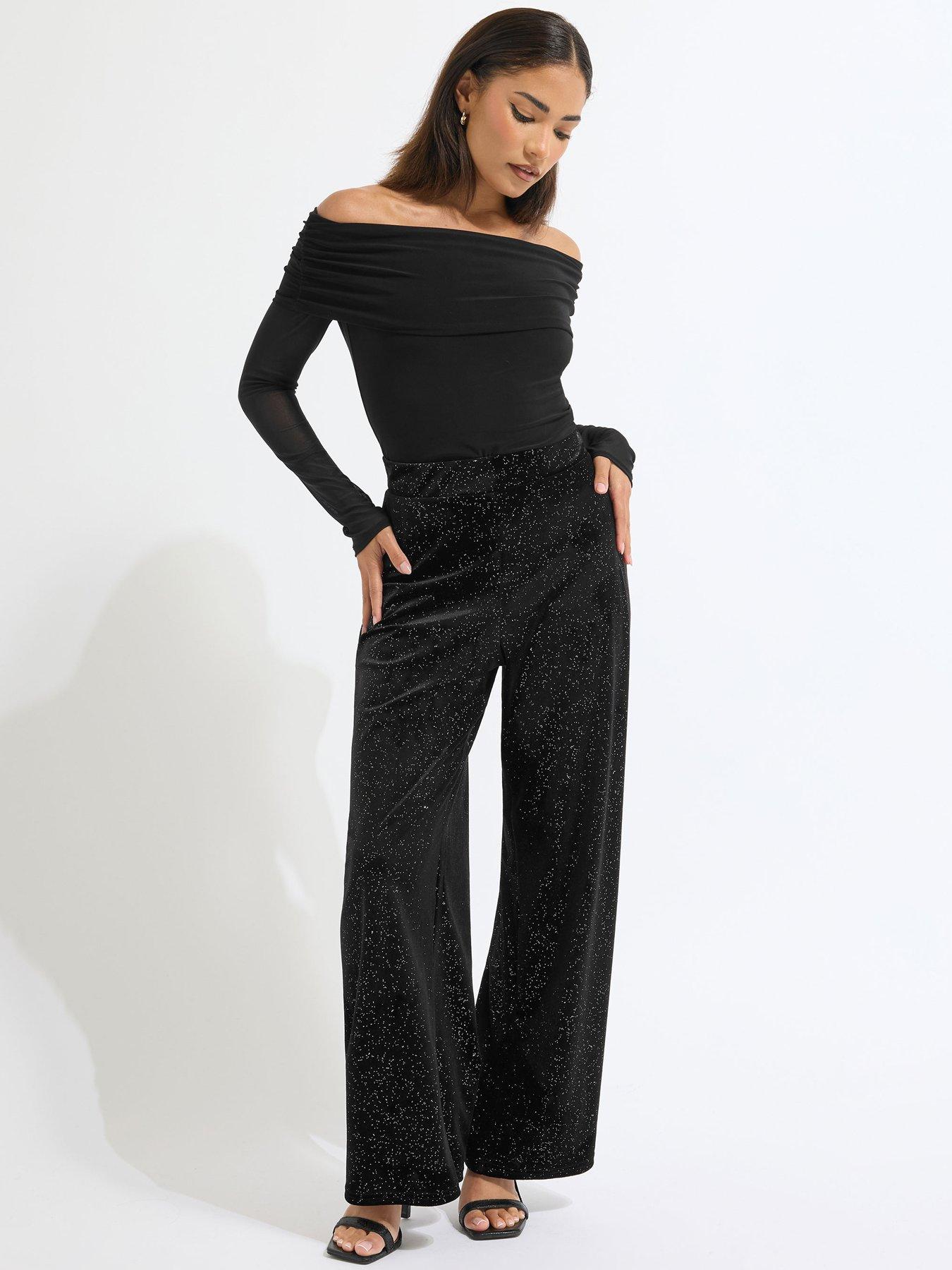 undefined Petite Glitter Velour Wide Leg Trouser - Black