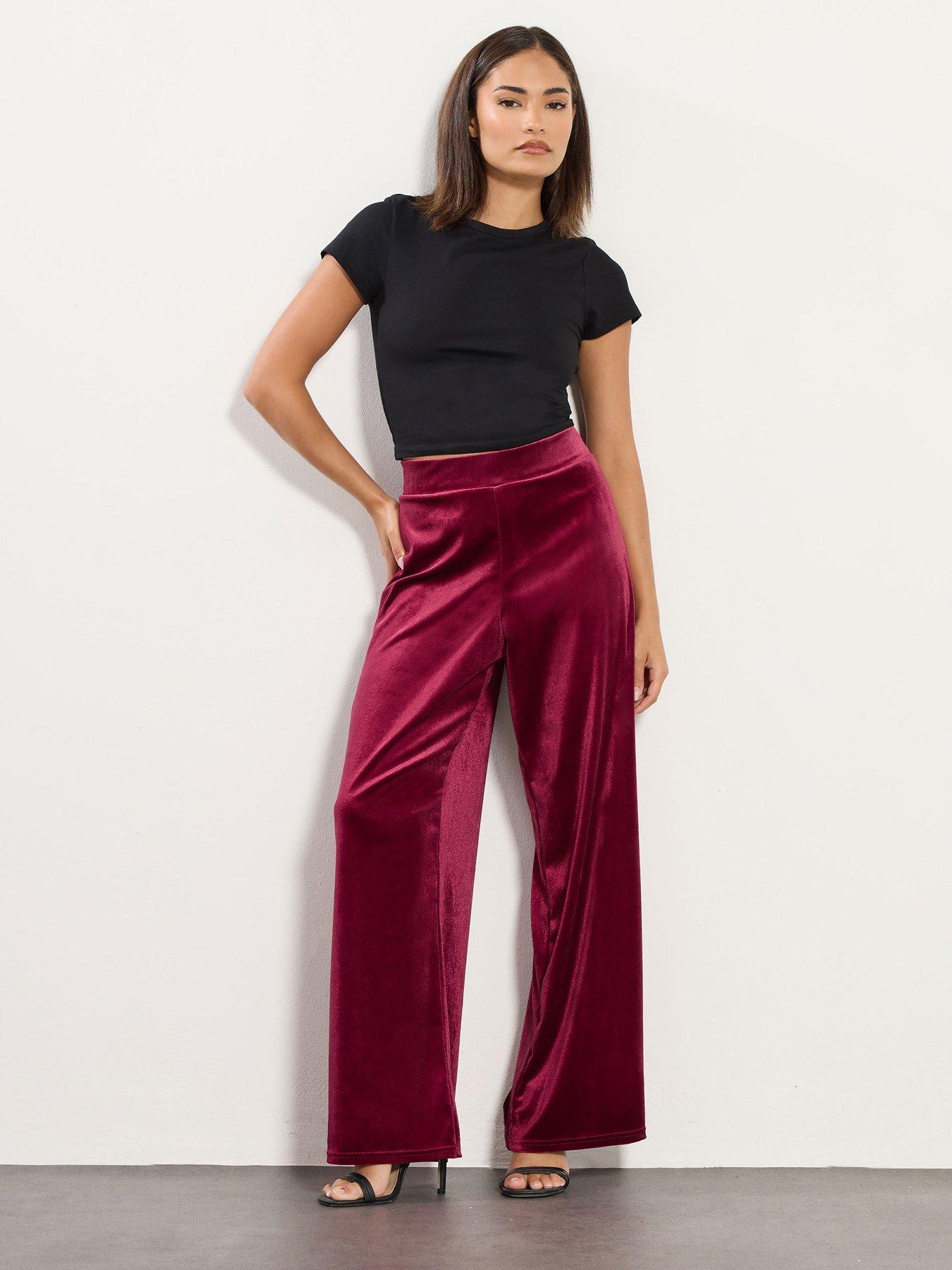 Image 3 of 4 of PixieGirl Petite Velour Wide Leg Trouser - Red