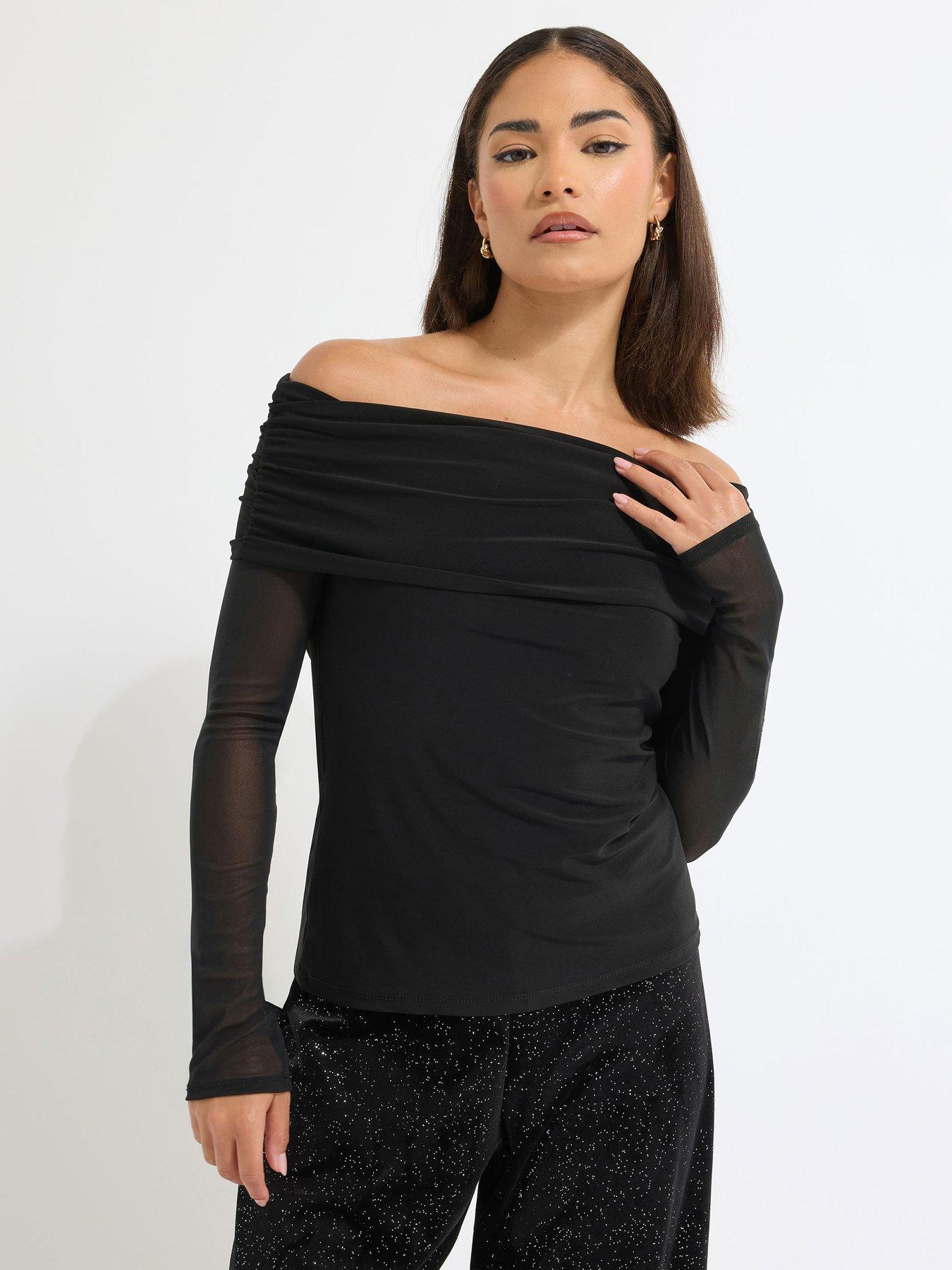 Image 1 of 4 of PixieGirl Petite Mesh Sleeve Bardot Top - Black