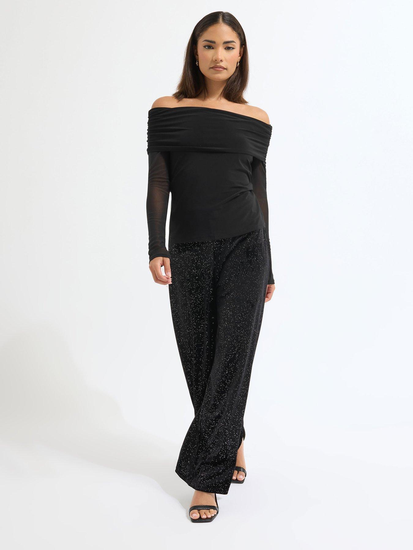 Image 3 of 4 of PixieGirl Petite Mesh Sleeve Bardot Top - Black